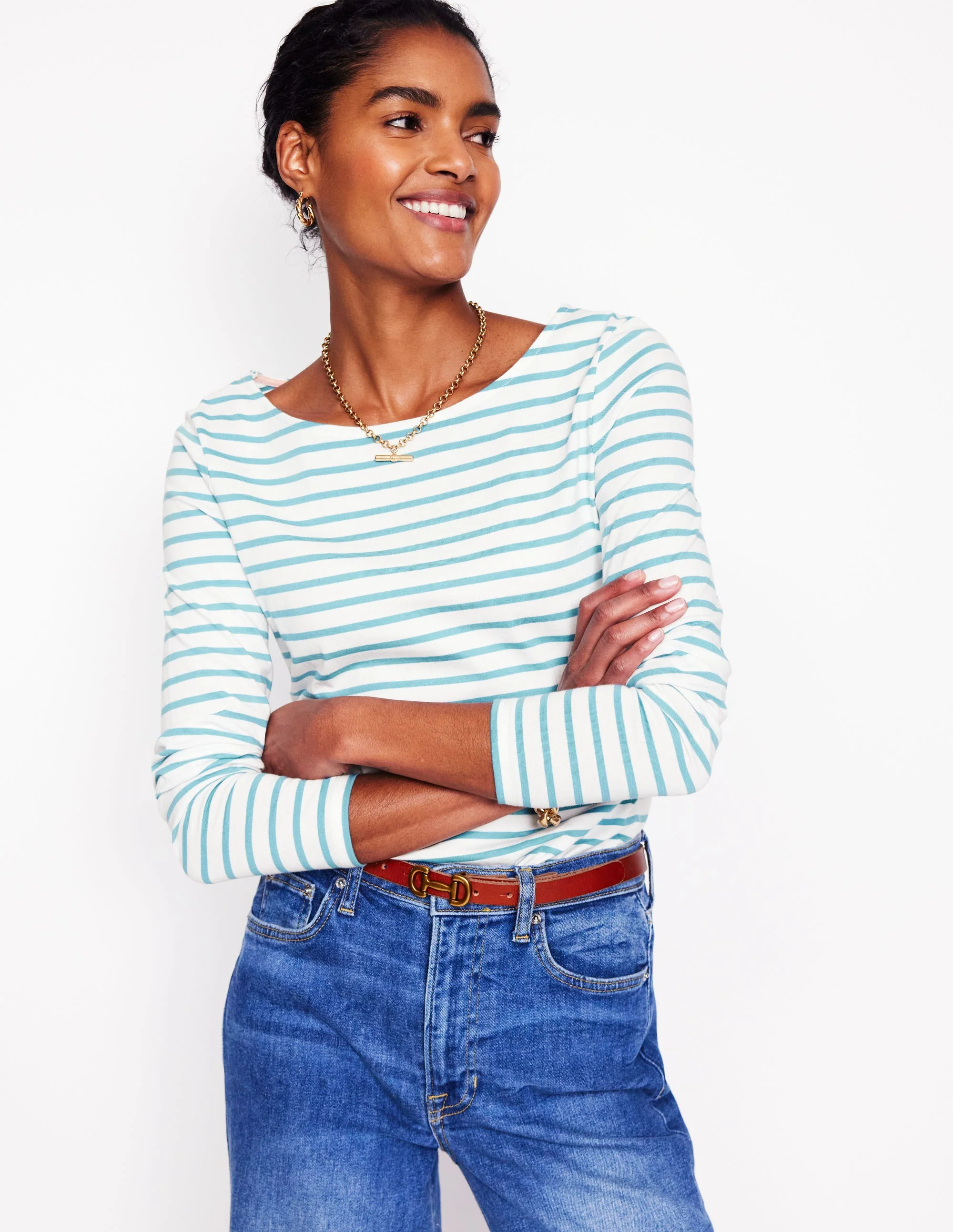 Ella Breton-Shirt mit langen Ärmeln-Naturweiß, Entenei-Blau