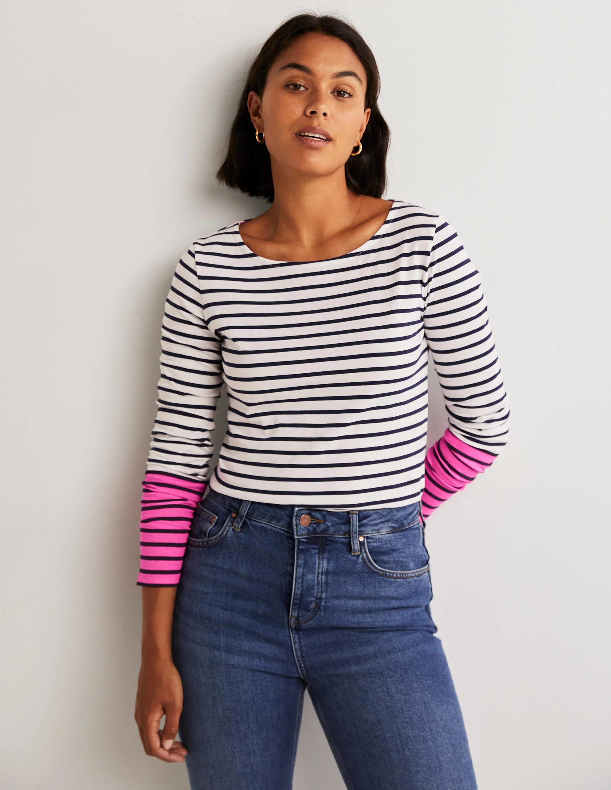 Ella Breton-Shirt mit langen Ärmeln-Neonrosa, Gestreift