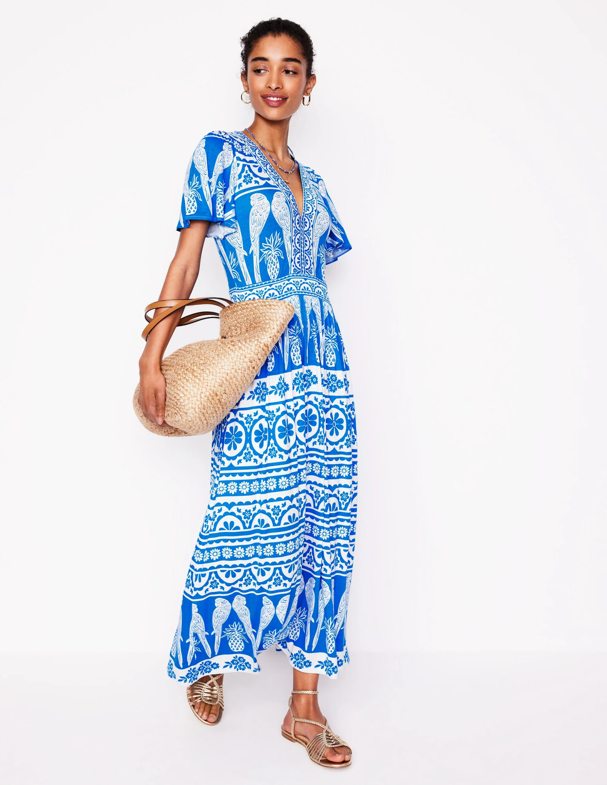 Ellie Wallendes Maxi-Teekleid-Himmelblau, Tropische Ornamente