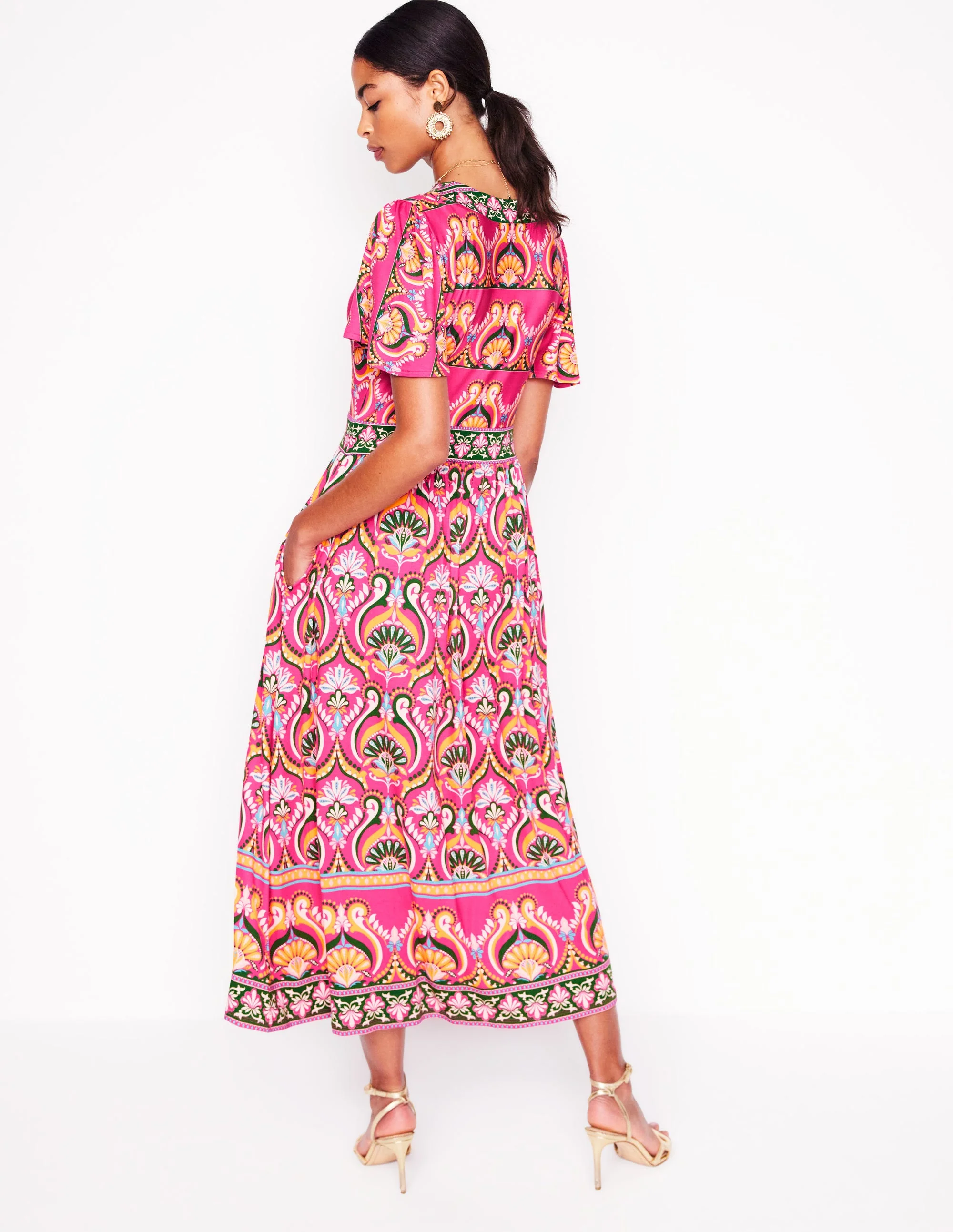 Ellie Wallendes Maxi-Teekleid-Rosa Pfingstrose, Blumenmuster mit Ornamenten - Image 3