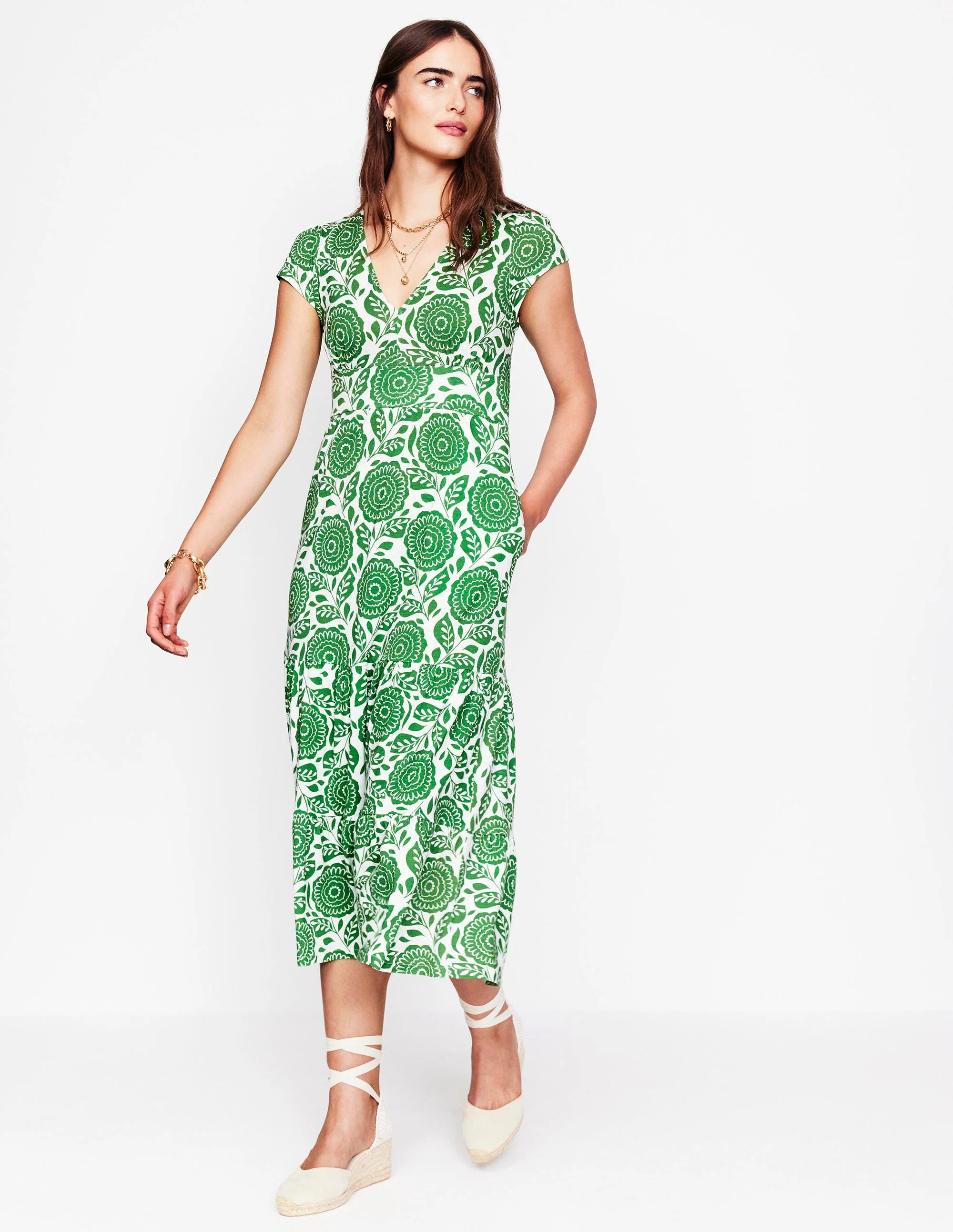 Eloise Gestuftes Jerseykleid-Paradiesgrün, Dahlienstempel