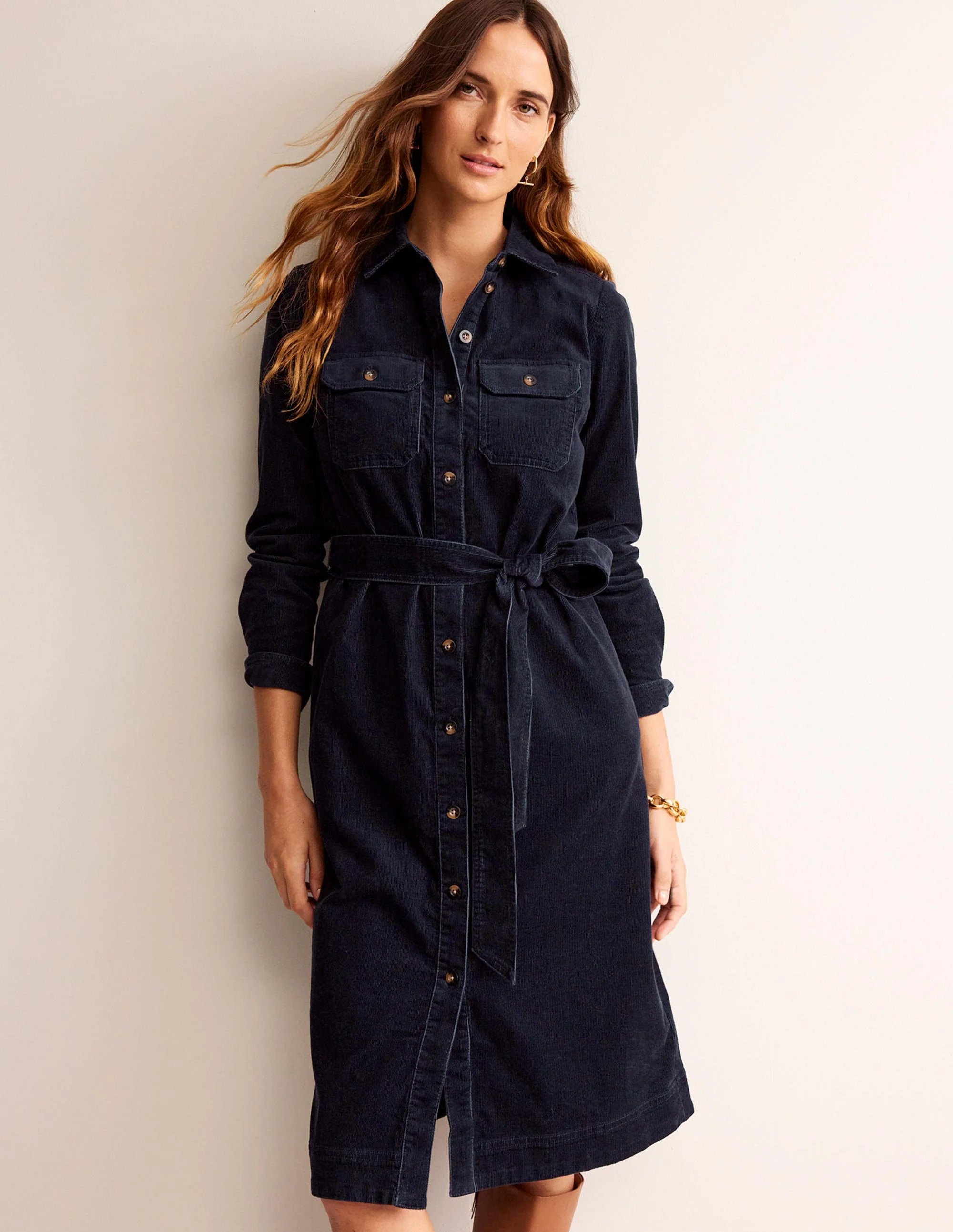 Eloise Midi-Hemdkleid aus Cord-Marineblau