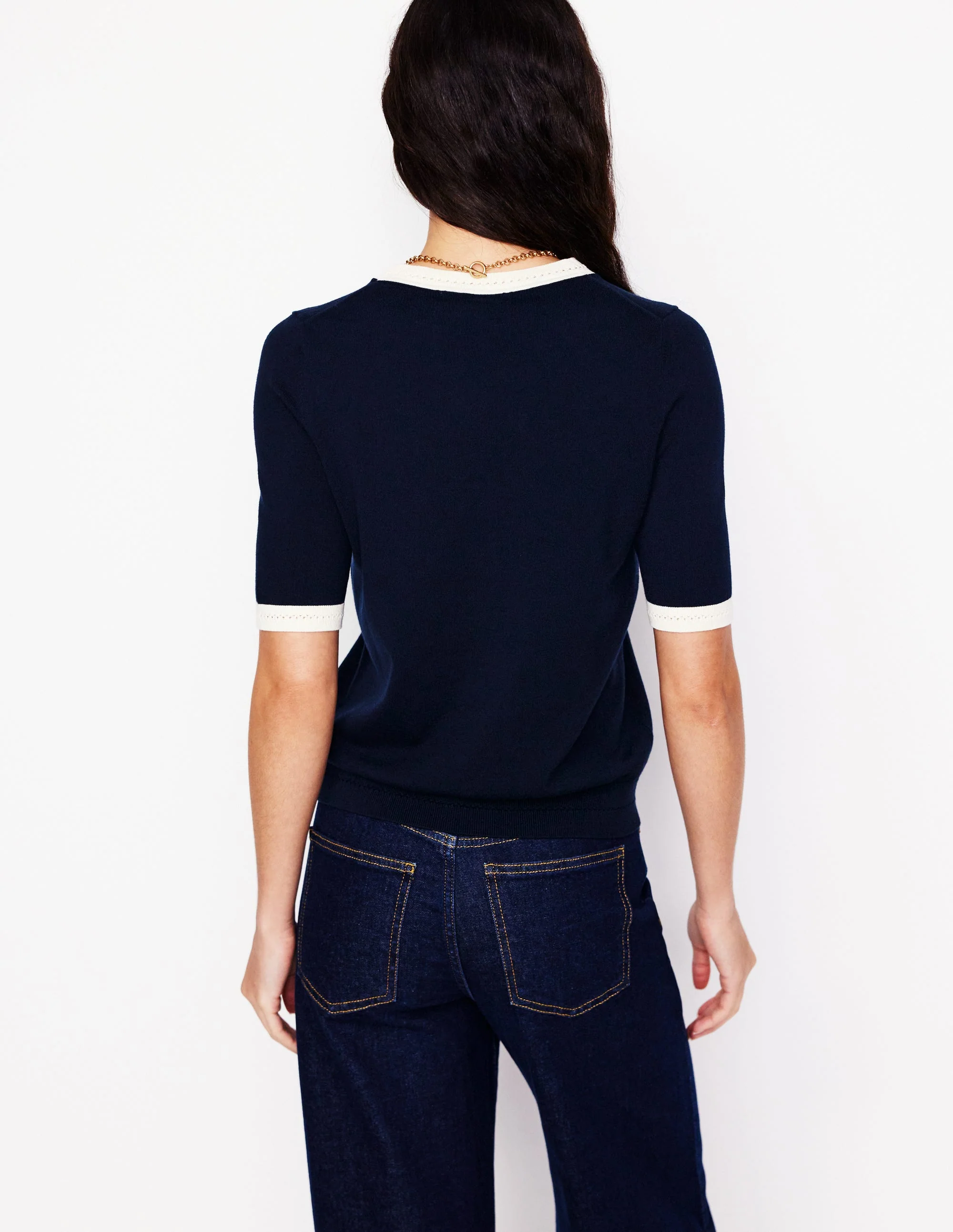 Emilia Baumwoll-T-Shirt mit Rundhalsausschnitt-Marineblau, Warmes Naturweiß - Image 3
