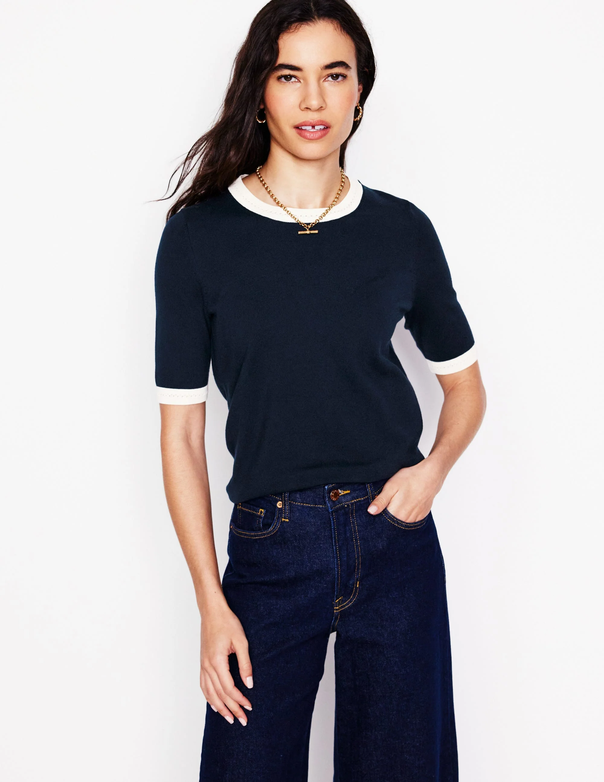 Emilia Baumwoll-T-Shirt mit Rundhalsausschnitt-Marineblau, Warmes Naturweiß - Image 4
