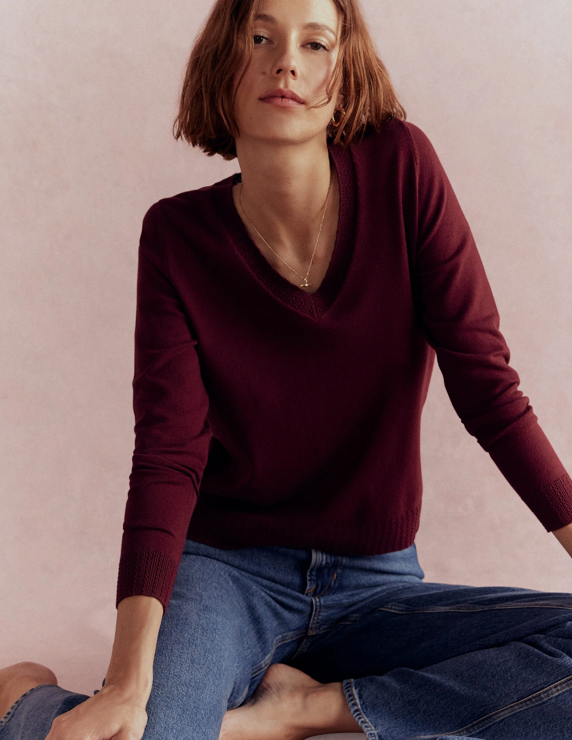Emilia Baumwollpullover mit V-Ausschnitt-Dunkelviolett - Image 6