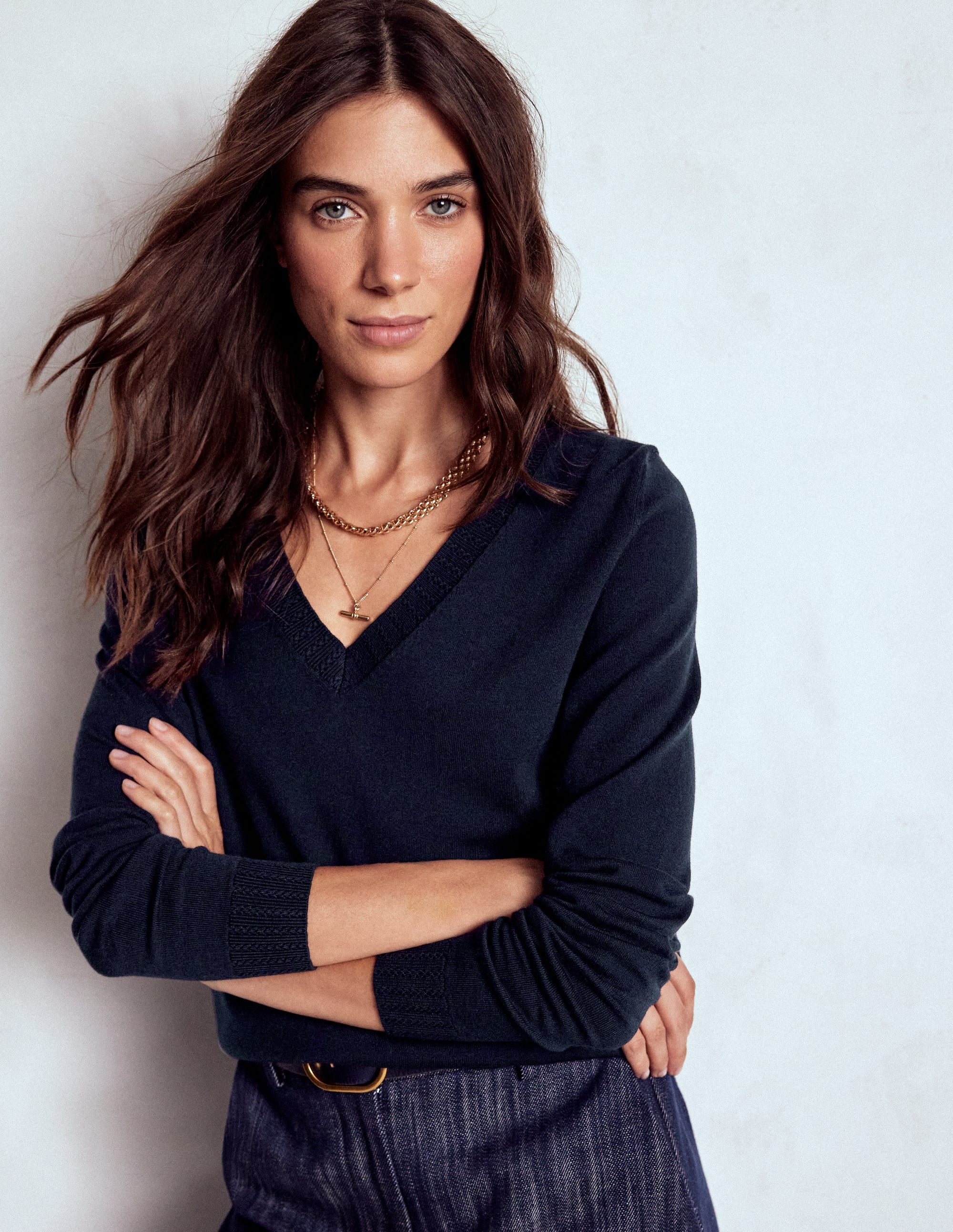 Emilia Baumwollpullover mit V-Ausschnitt-Marineblaue