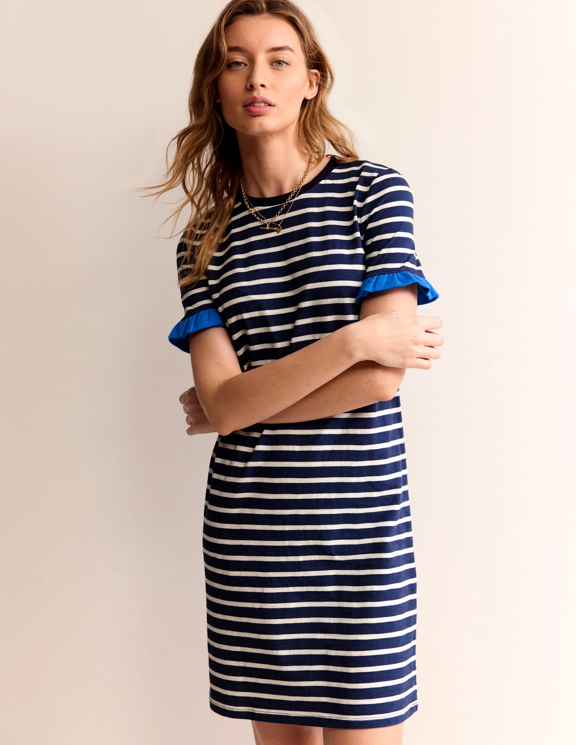 Emily Baumwollkleid mit Rüschen-Marineblau, Naturweiß Gestreift - Image 2