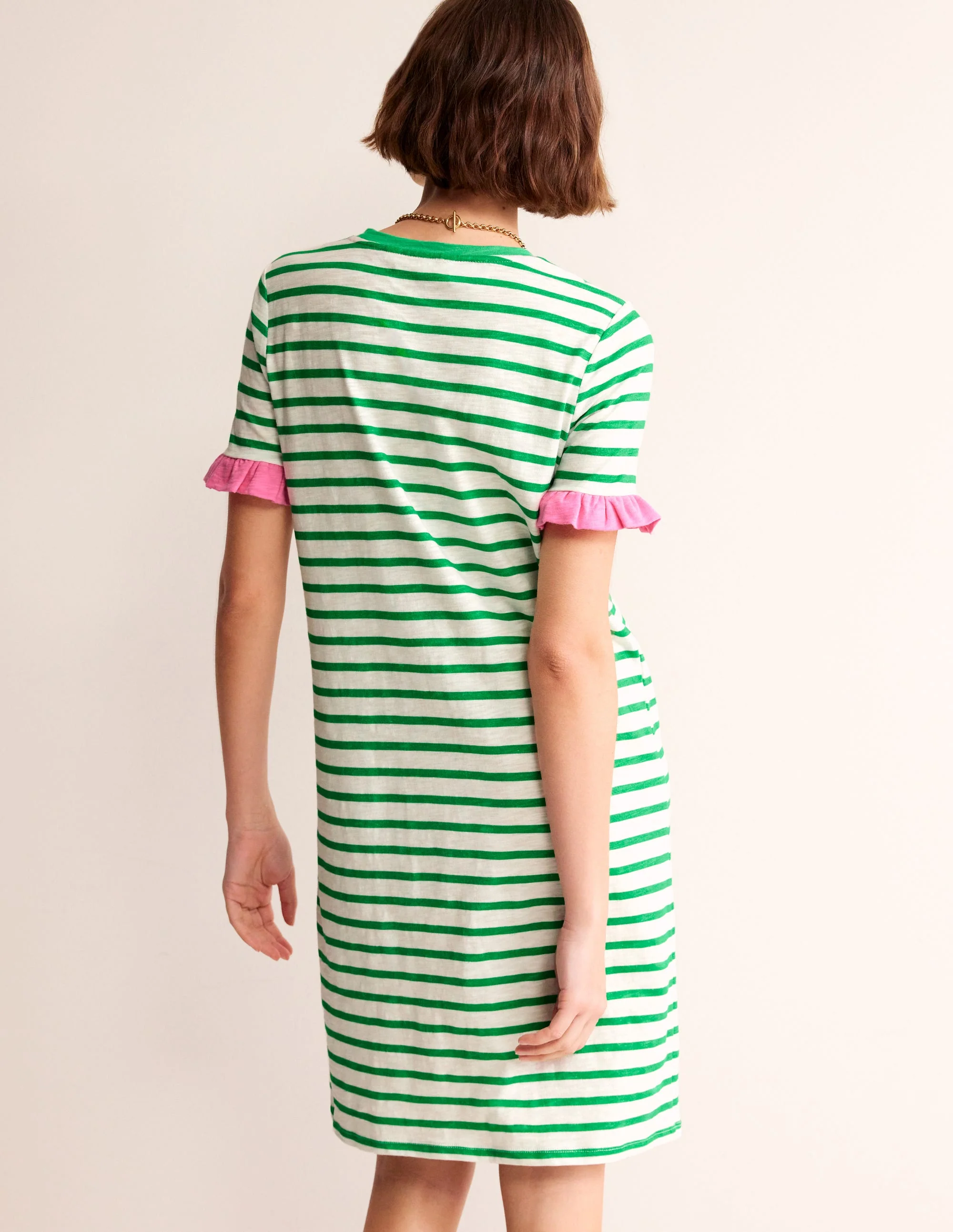 Emily Baumwollkleid mit Rüschen-Naturweiß, Grün Streifen - Image 3