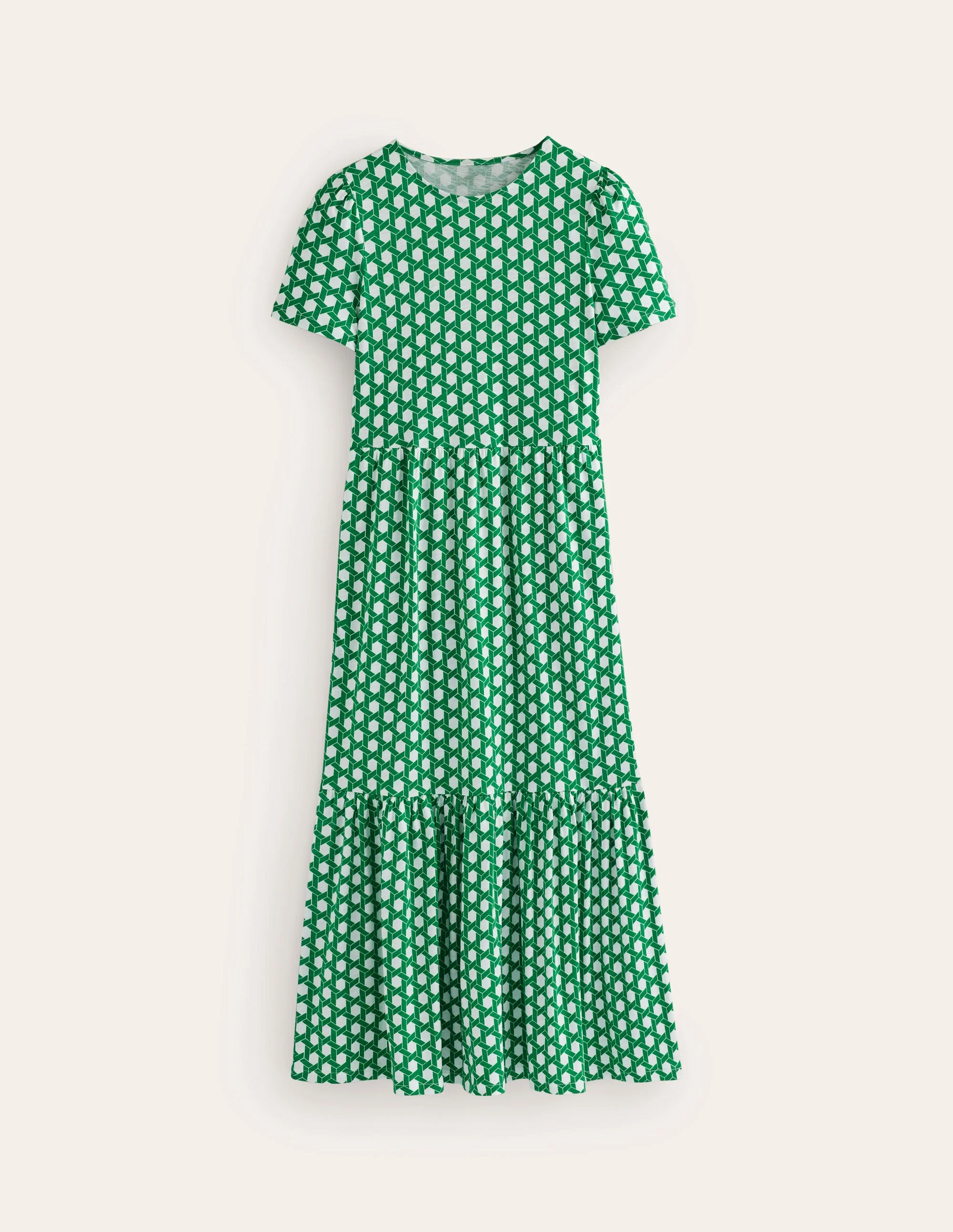 Emma Gestuftes Jersey-Midikleid-Grün, Honigwabe Geo - Image 6