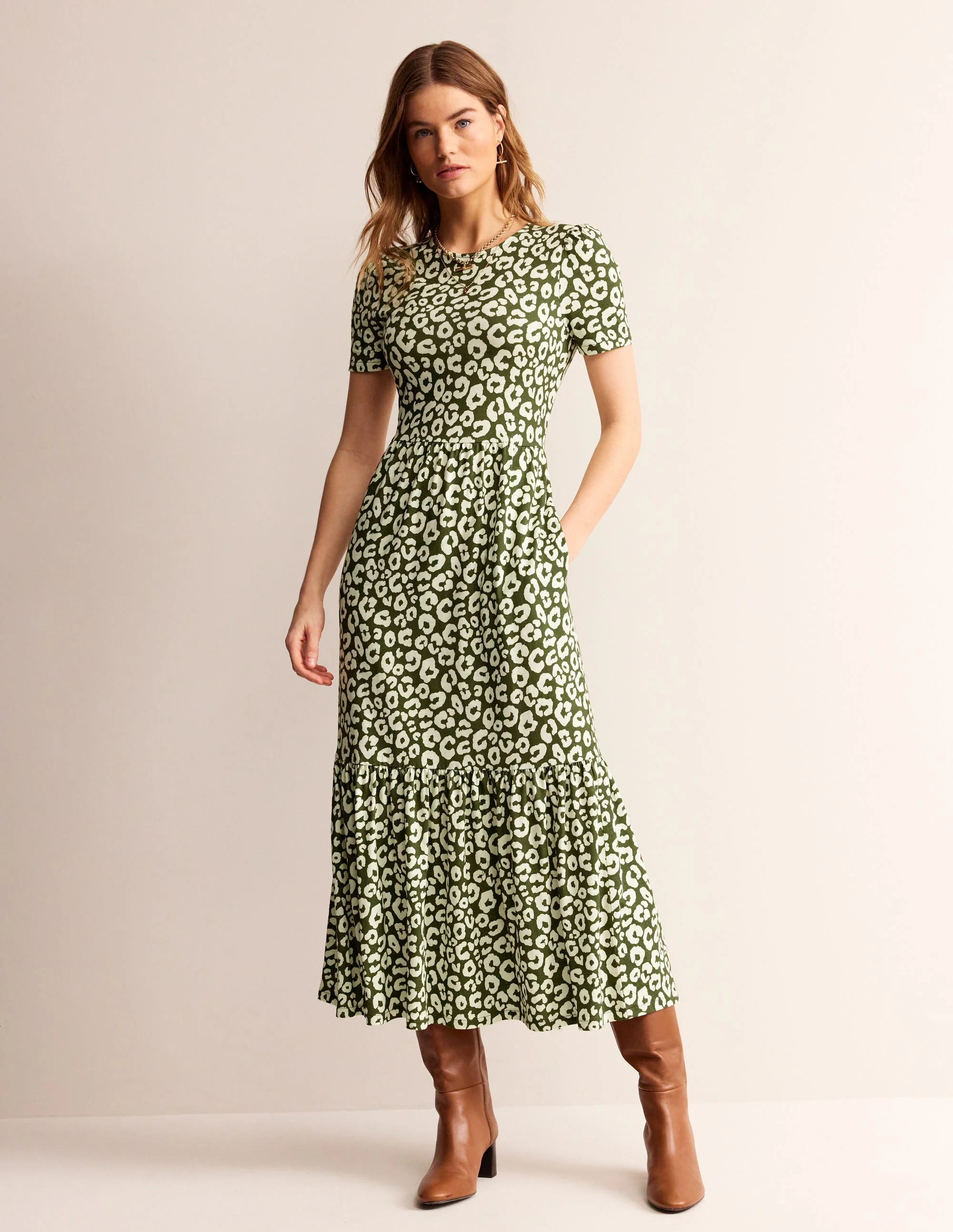 Emma Gestuftes Jersey-Midikleid-Wintermoos, Tierisch Gepard