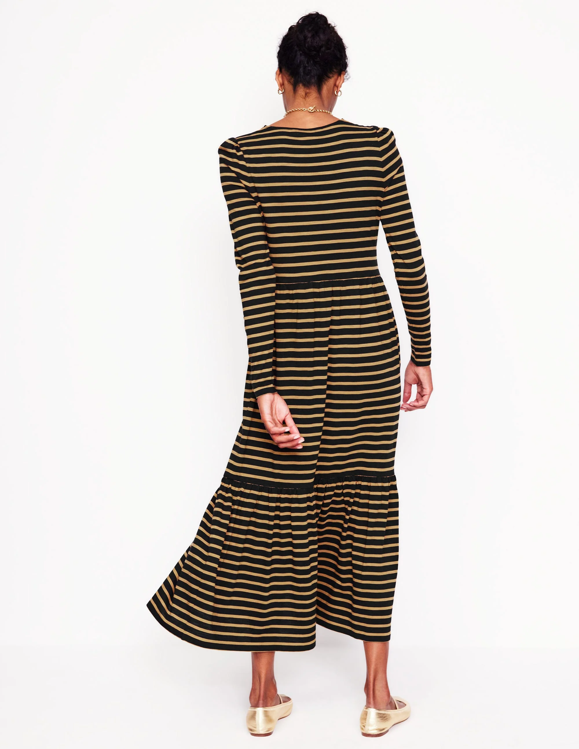 Emma Langärmeliges Jerseykleid-Kamelbraun, Schwarz Gestreift - Image 3