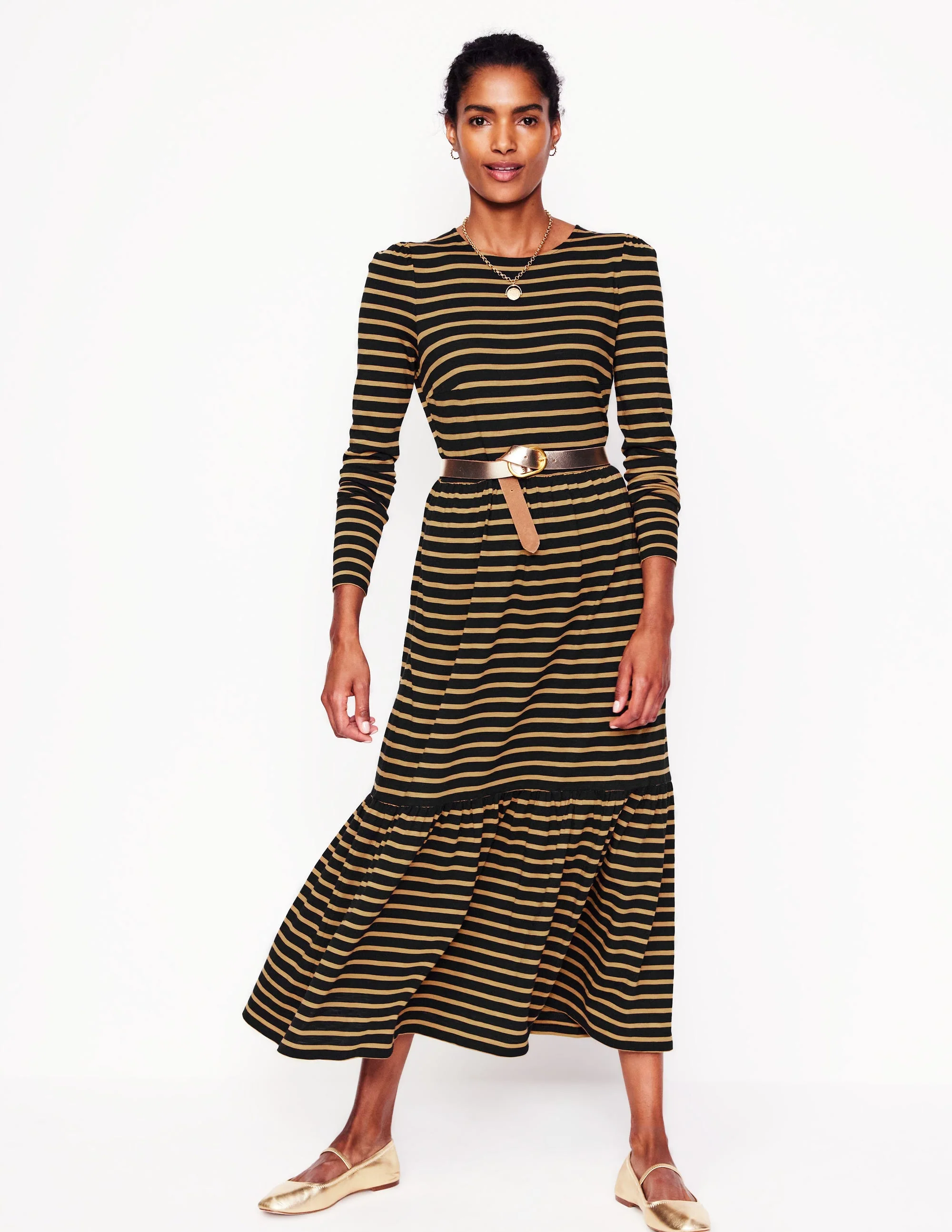 Emma Langärmeliges Jerseykleid-Kamelbraun, Schwarz Gestreift - Image 4