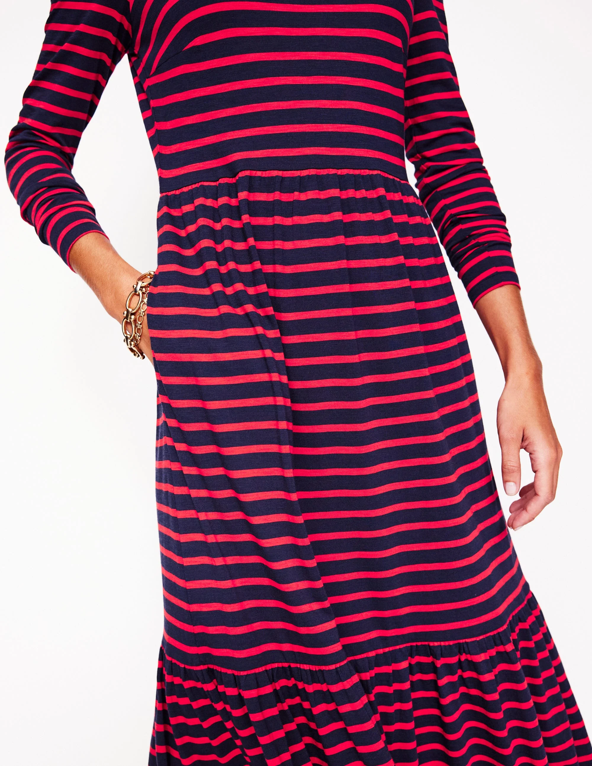 Emma Langärmeliges Jerseykleid-Marineblau, Rouge-Rot Gestreift - Image 2
