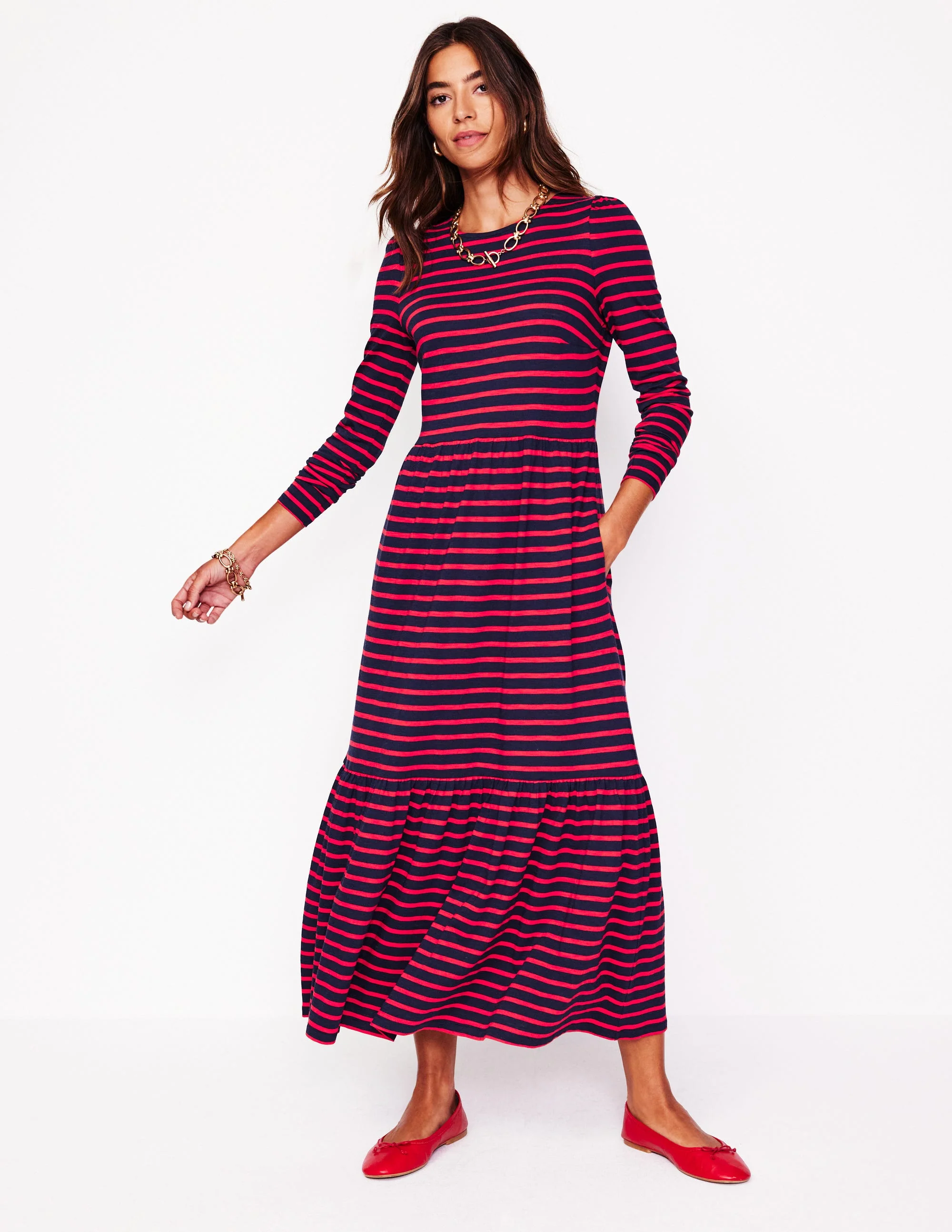 Emma Langärmeliges Jerseykleid-Marineblau, Rouge-Rot Gestreift - Image 4