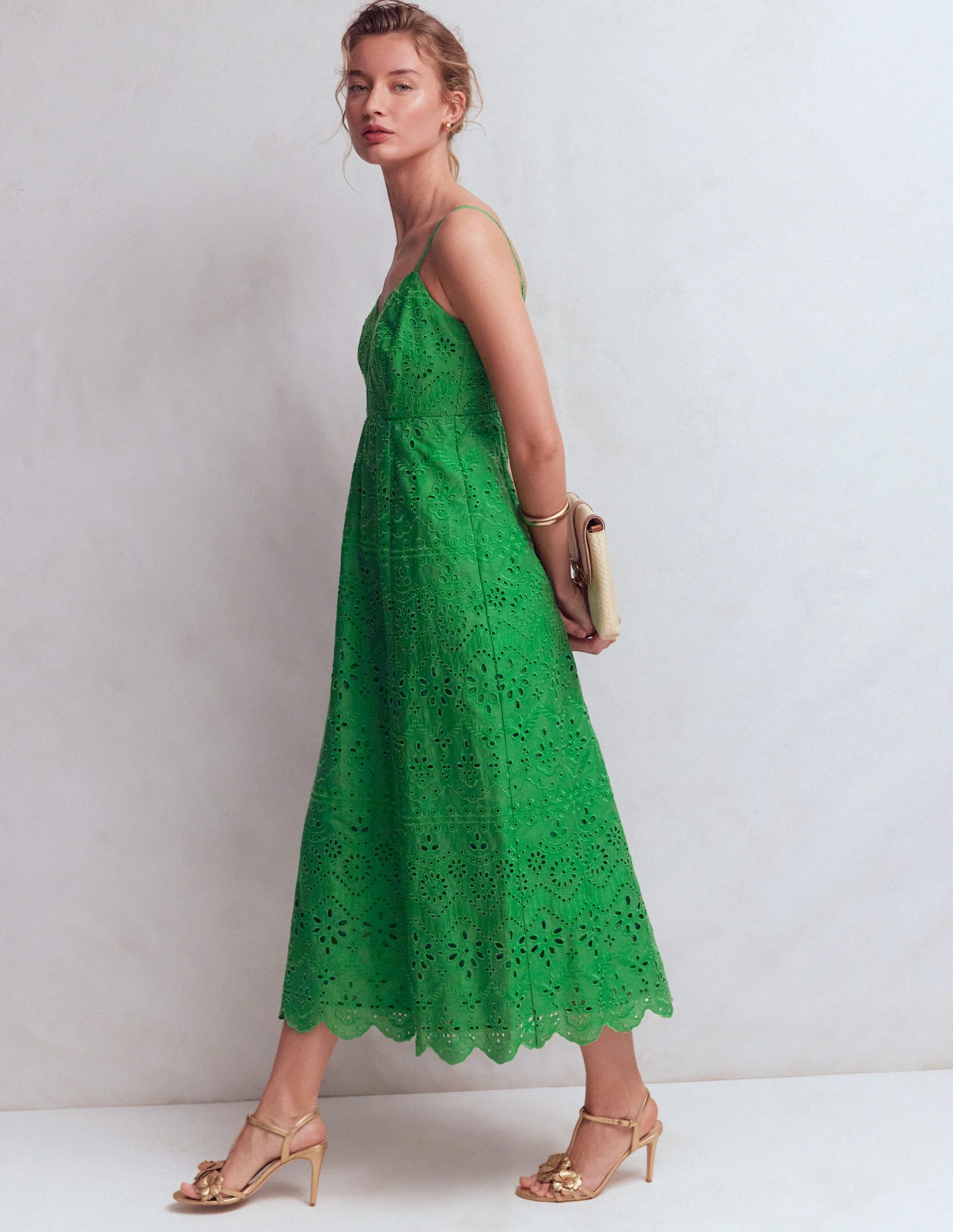Empire-Kleid aus Leinen mit Lochstickerei-Sattes Smaragdgrün Lochstickerei - Image 6
