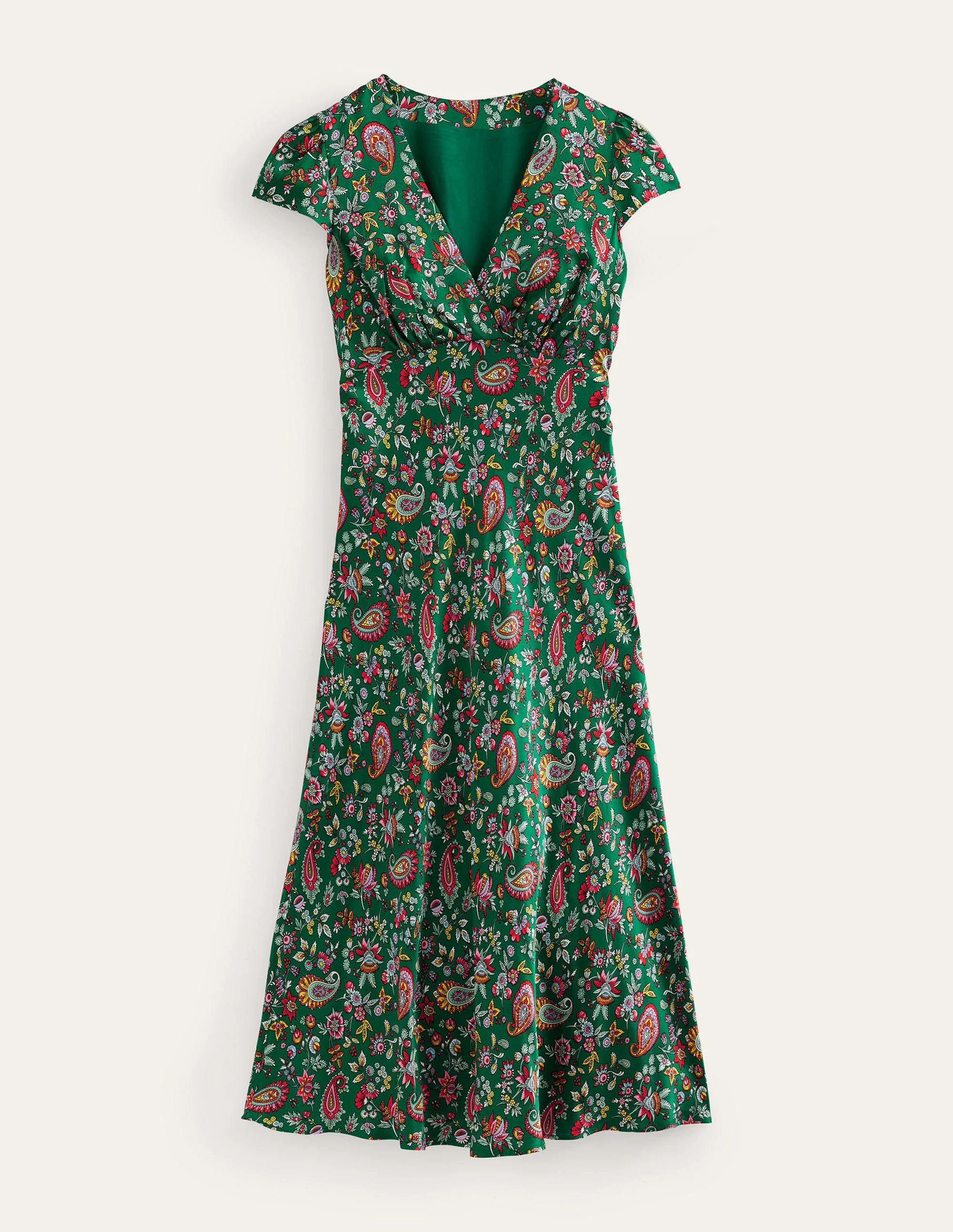 Empire-Midikleid aus Satin-Grün, Löwenzahnmuster - Image 6