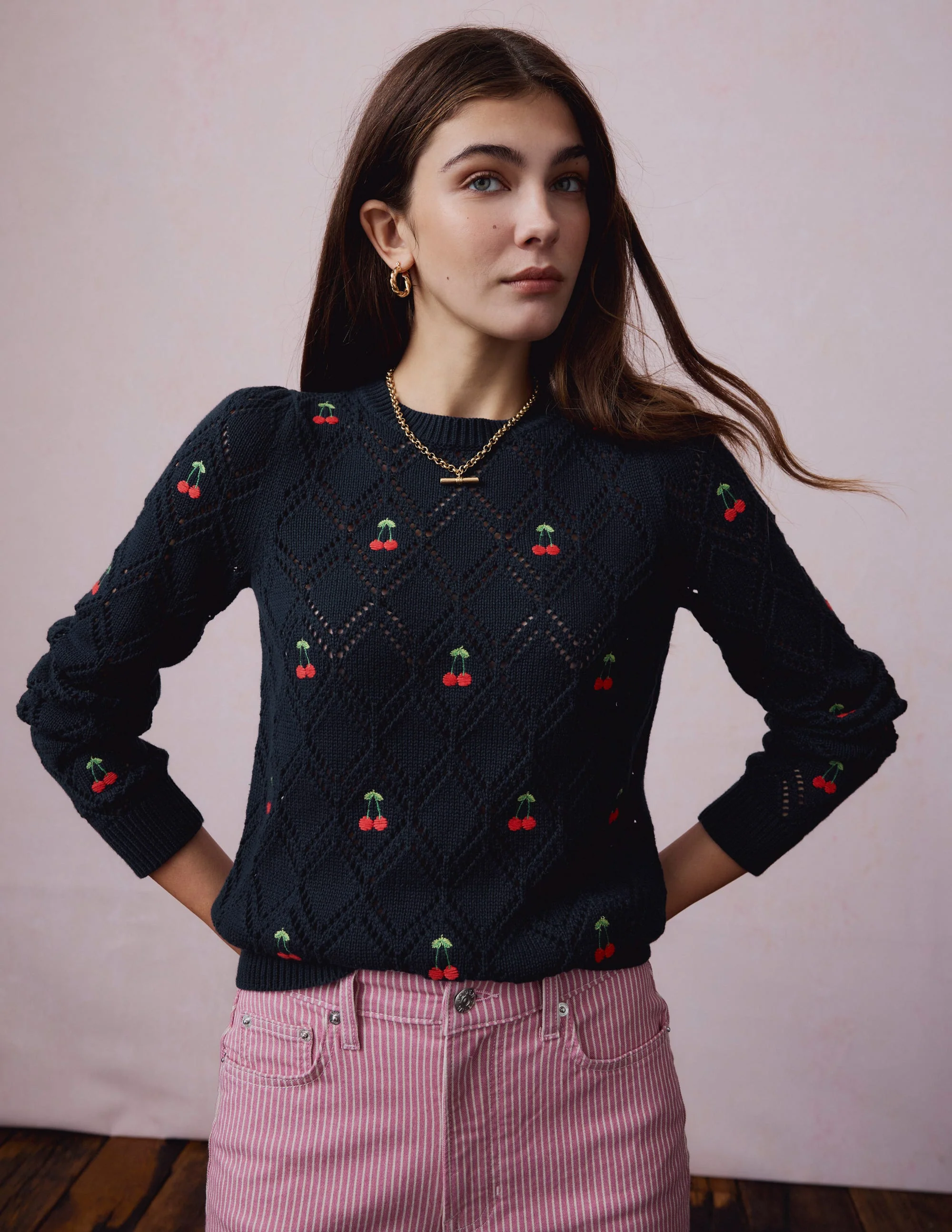 Enid Pullover mit Stickerei-Marineblau, Kirschen - Image 2