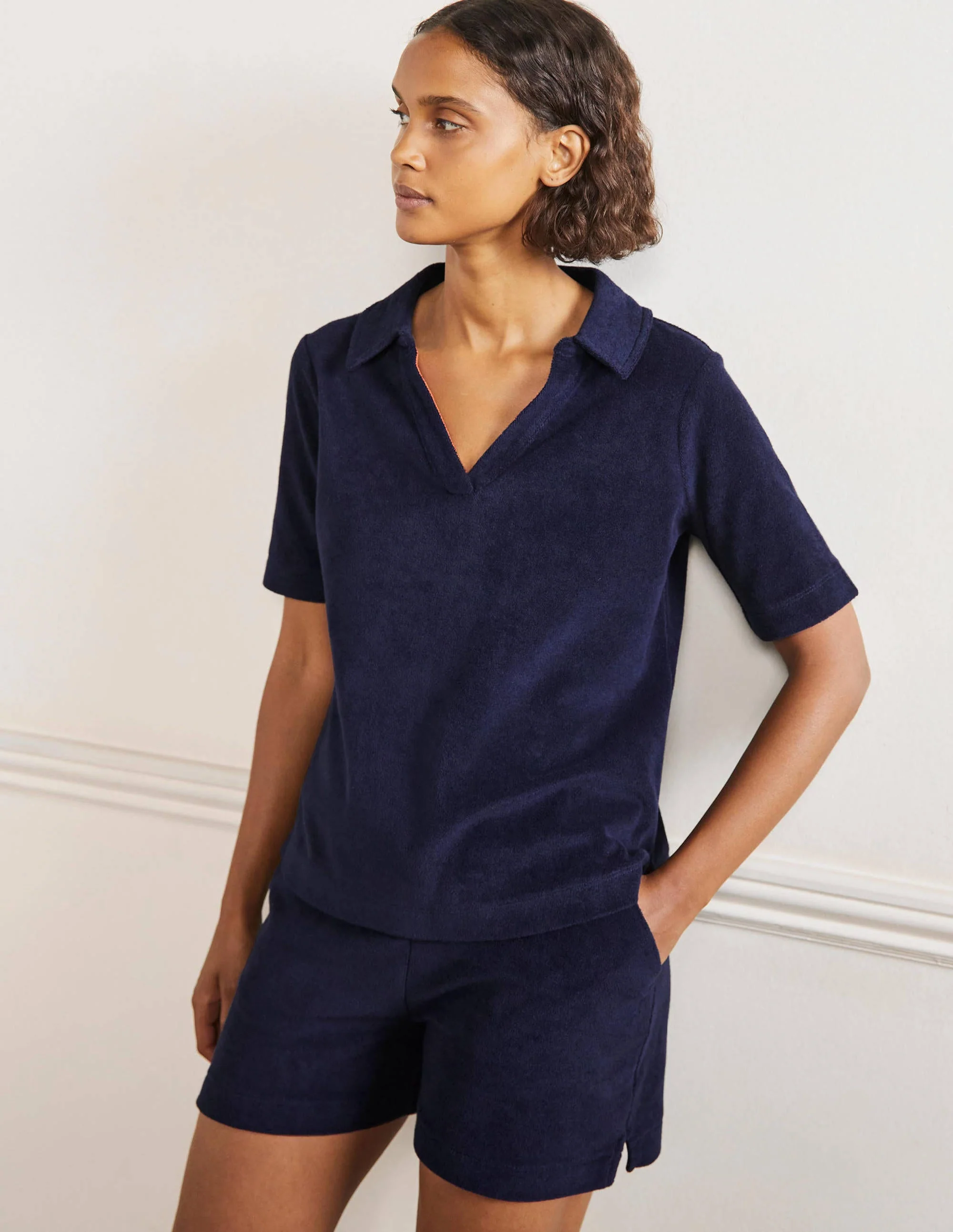 Erica Frottee-Poloshirt-Marineblau