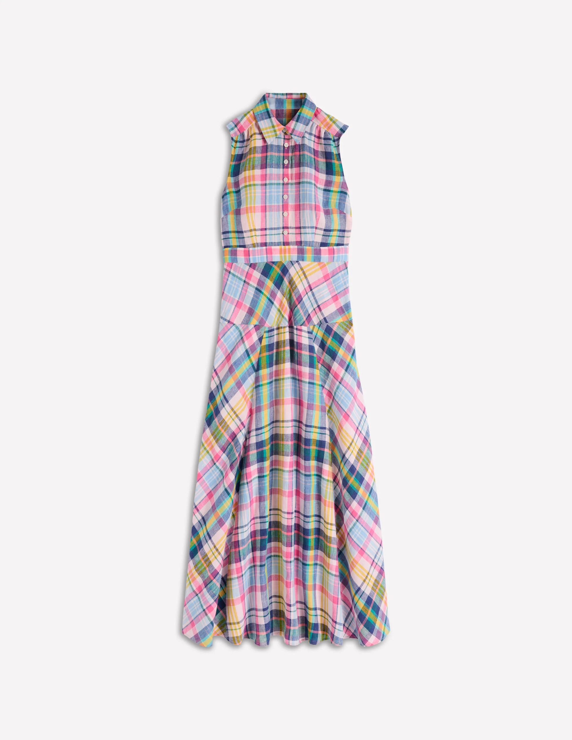 Erma Leinenkleid mit tiefer Taille-Blau, Rosa und Grün Madraskaro - Image 6