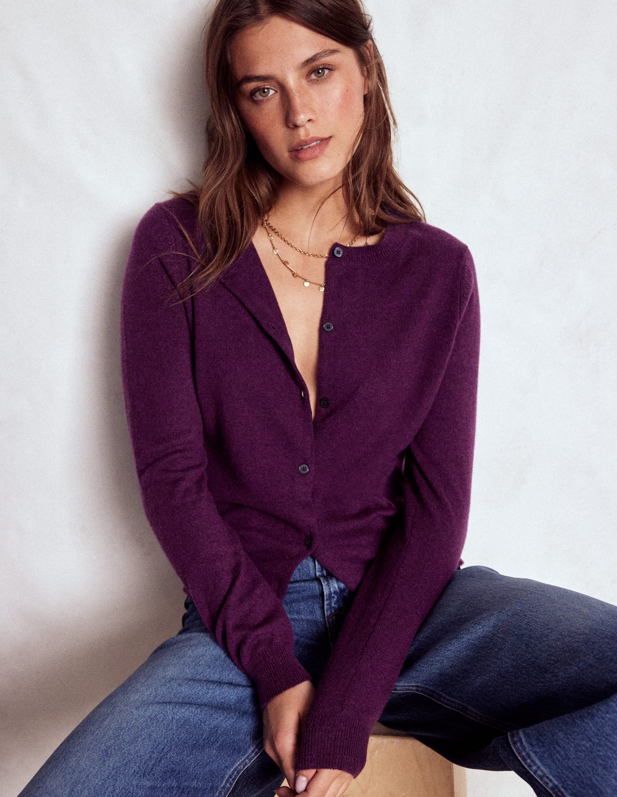 Eva Kaschmir-Strickjacke mit Rundhalsausschnitt-Pflaume Melange - Image 5