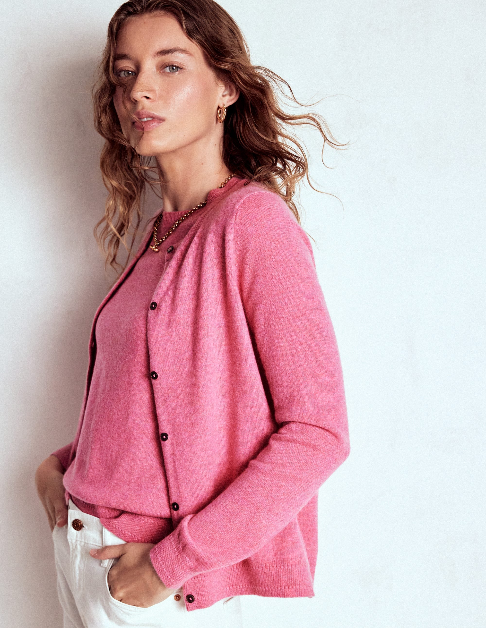 Eva Kaschmir-Strickjacke mit Rundhalsausschnitt-Rosenrosa Melange