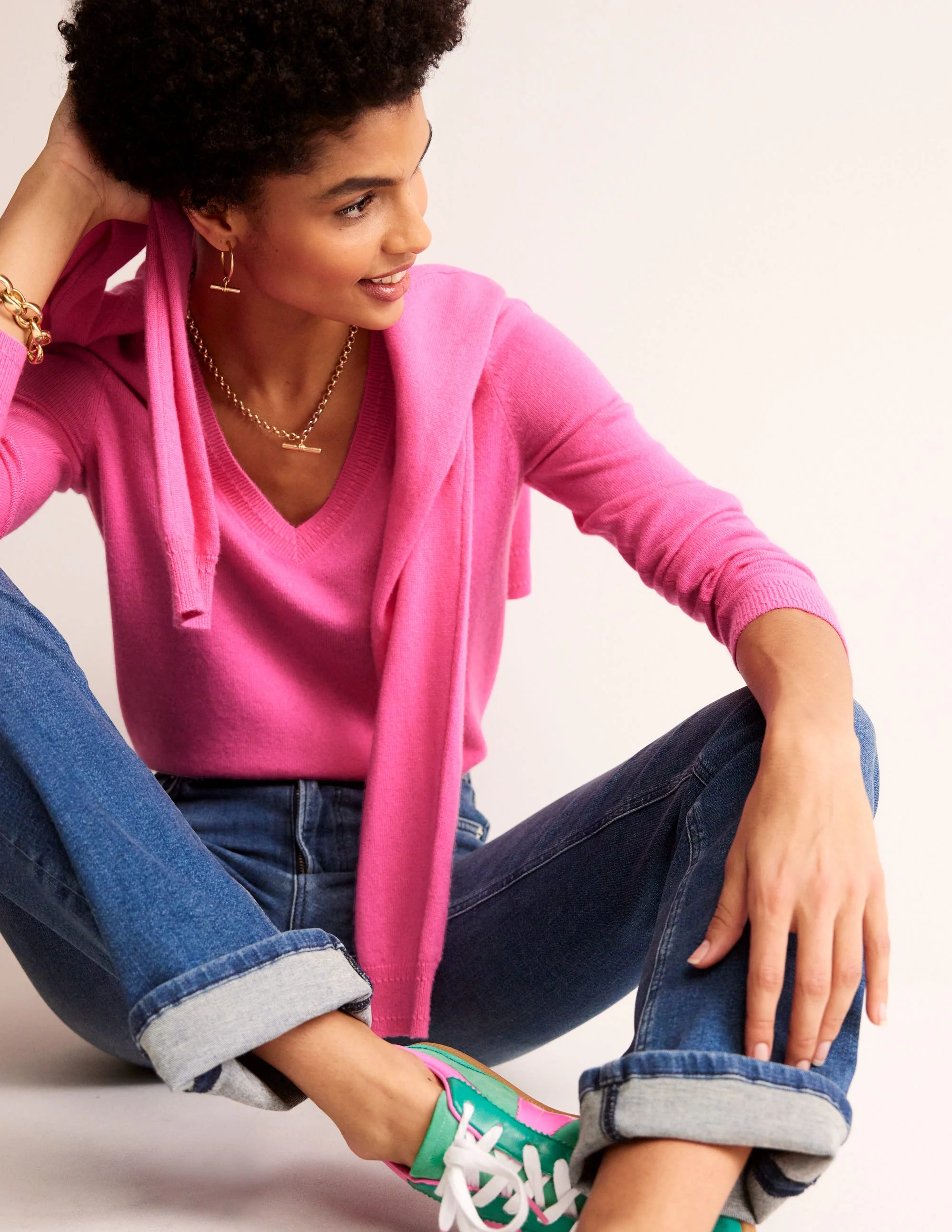 Eva Kaschmirpullover mit V-Ausschnitt-Sangria Sunset Pink