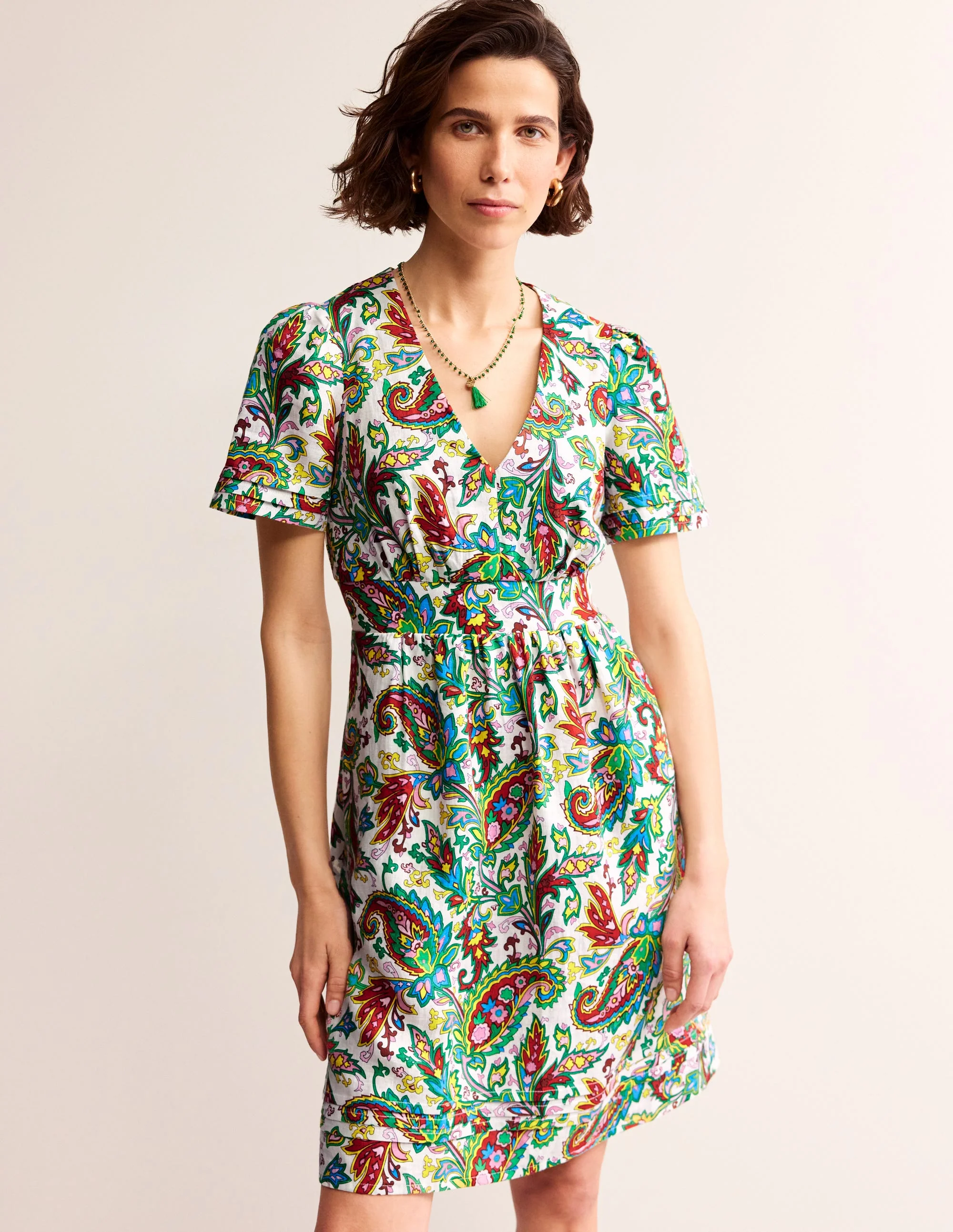 Eve Kurzes Leinenkleid-Naturweiß, Paisley Azurblau