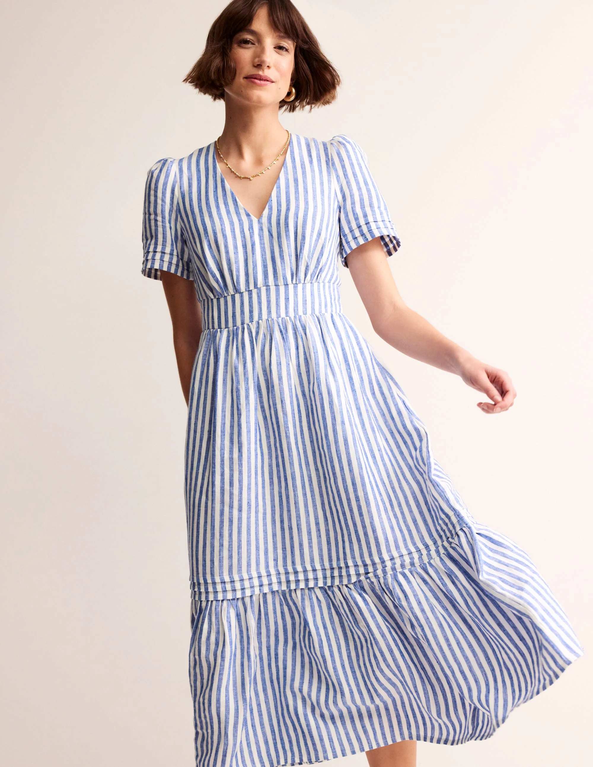 Eve Midikleid aus Leinen-Surf the Web Streifen