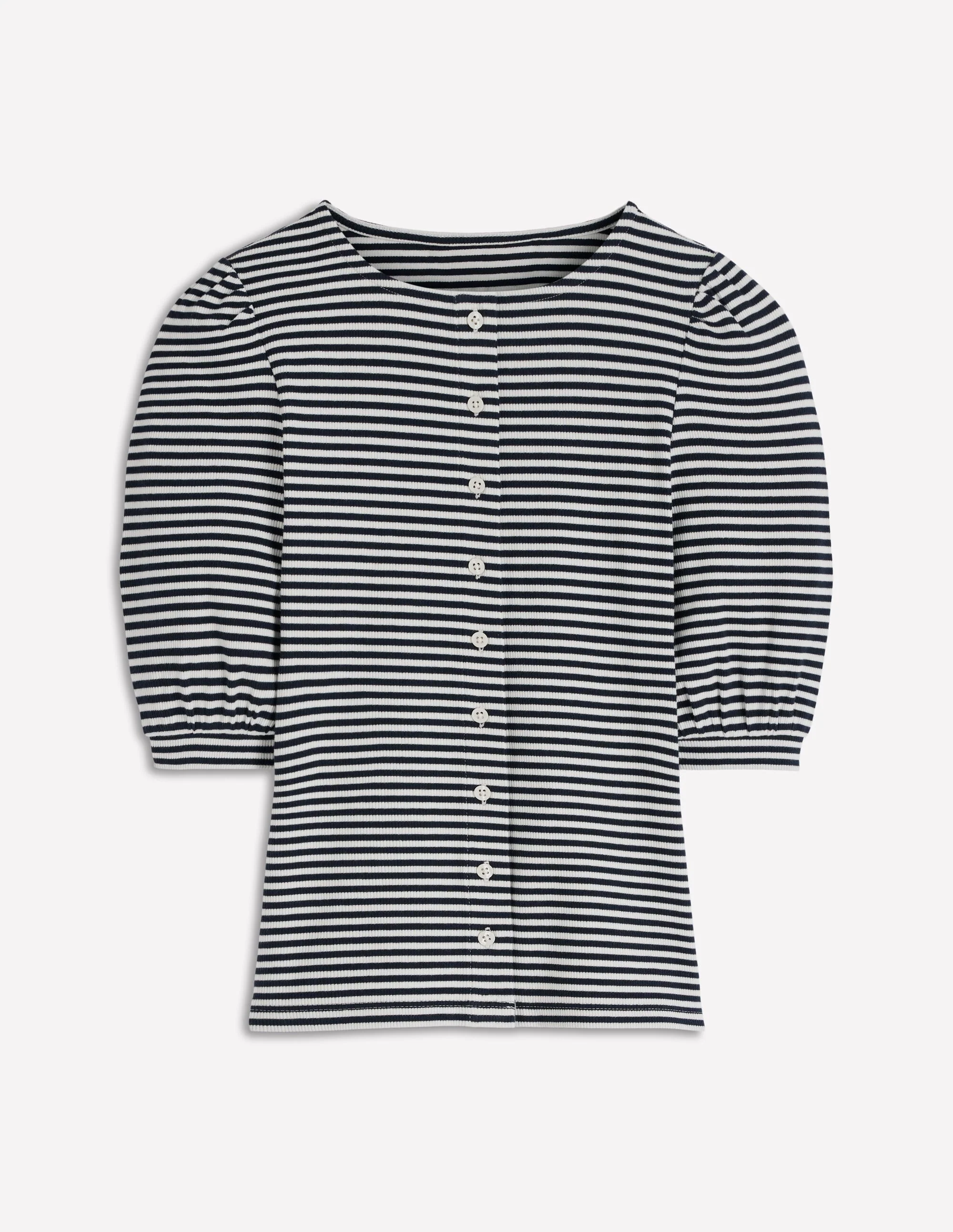 Evie Geripptes Oberteil mit Puffärmeln-Naturweiß/Navy, Gestreift - Image 4