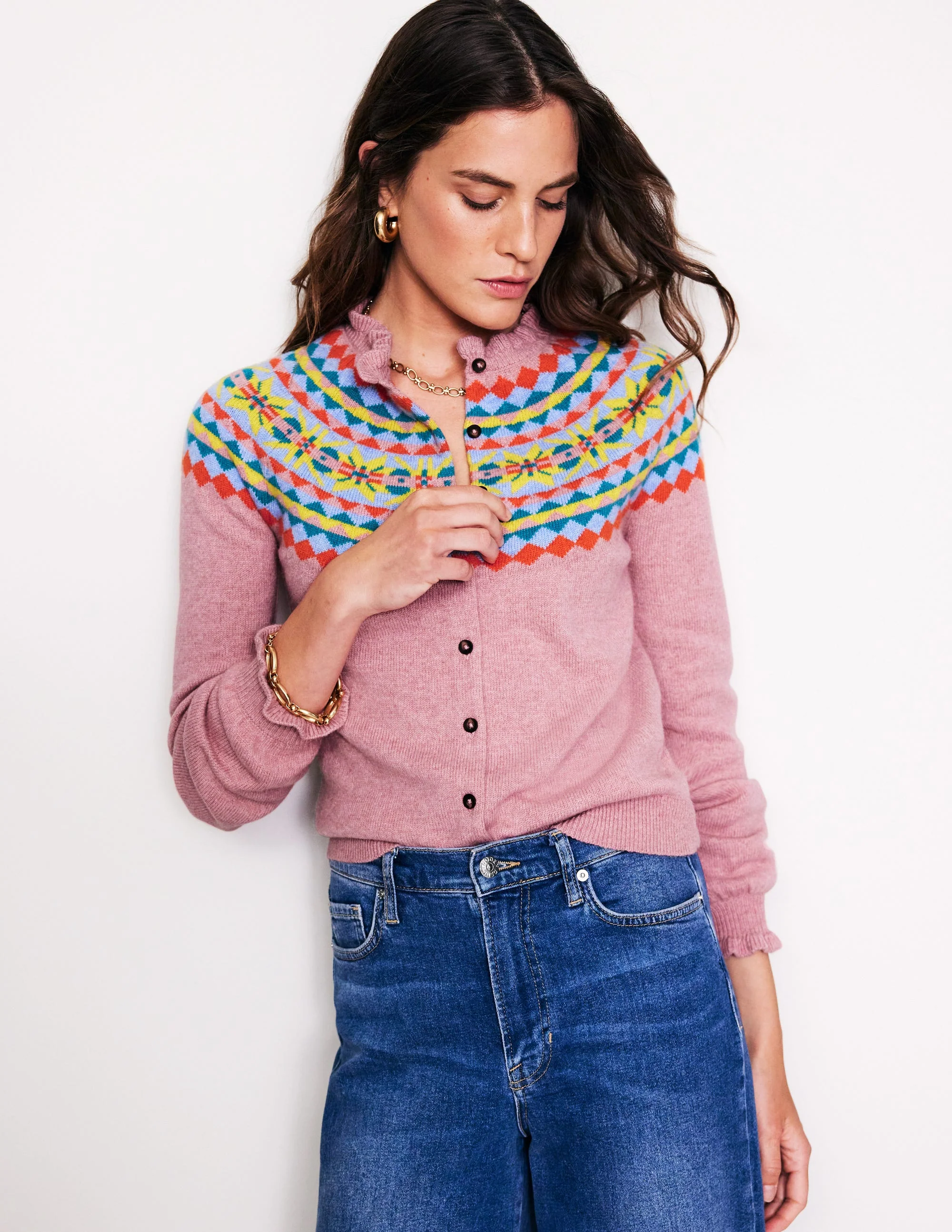Fae Fair-Isle-Cardigan mit Rüschen-Pink Icing