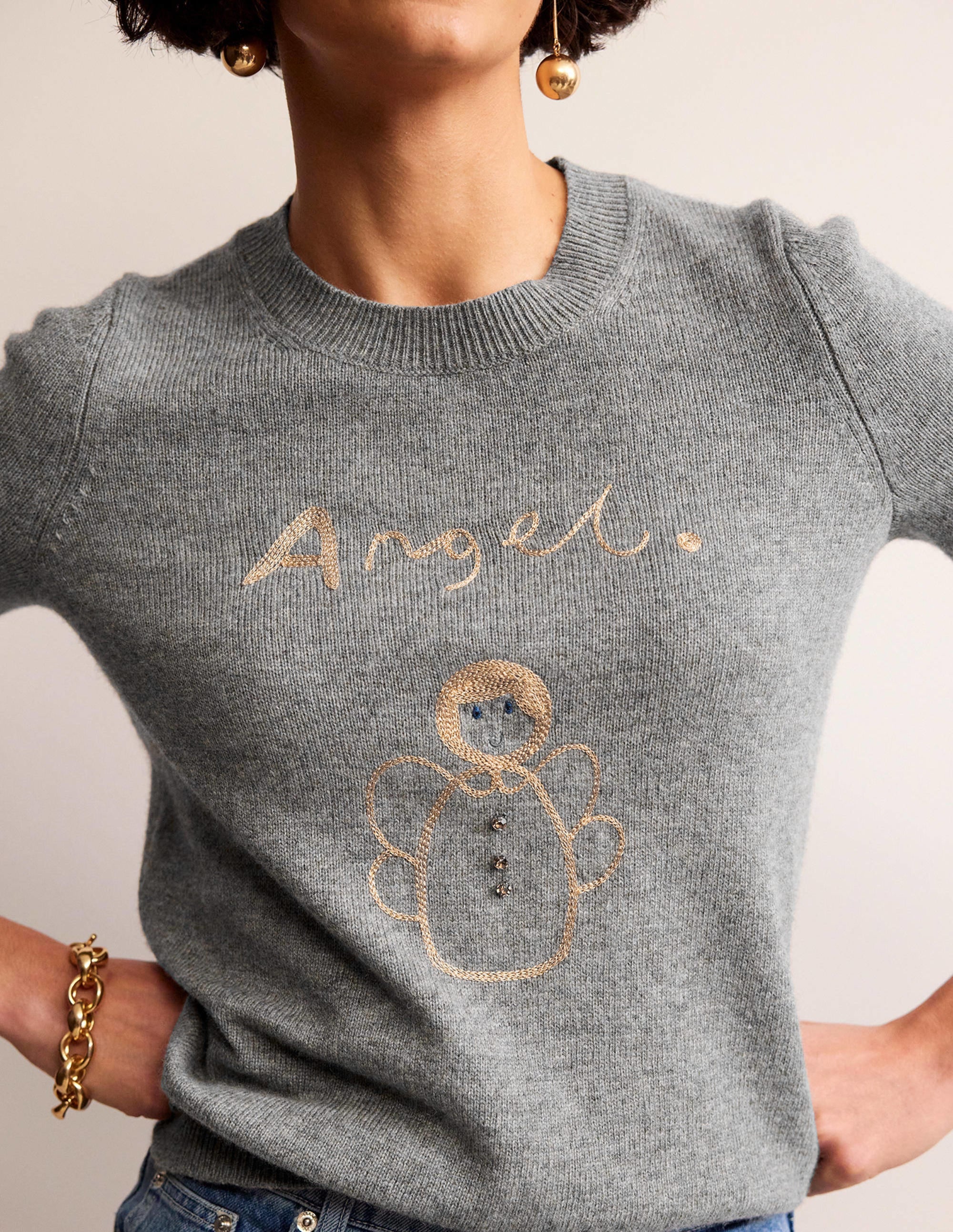 Festlicher Pullover mit Stickerei-Grau Meliert, Engel - Image 2