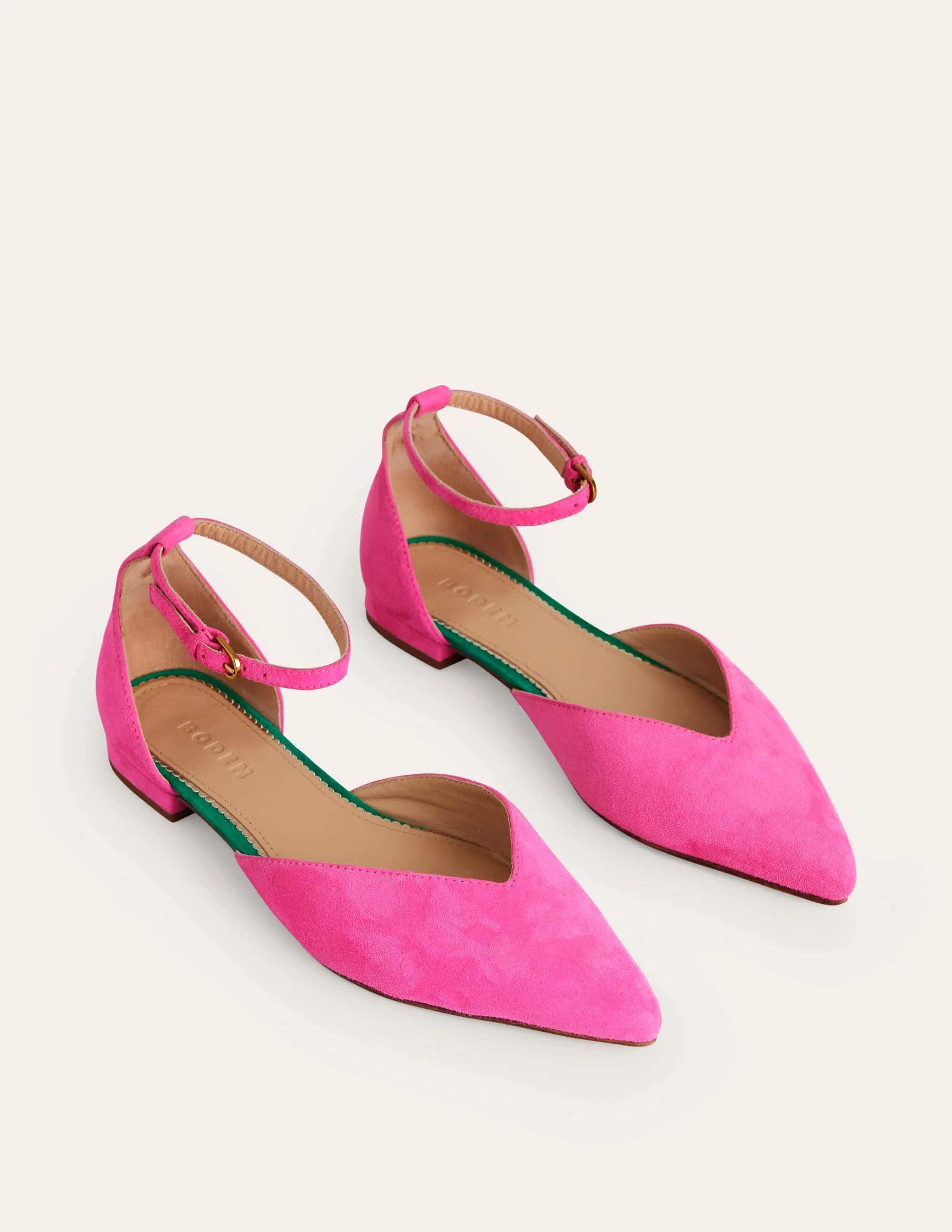 Flache Ballerina-Pumps mit Knöchelriemen-Festivalrosa Wildleder - Image 3