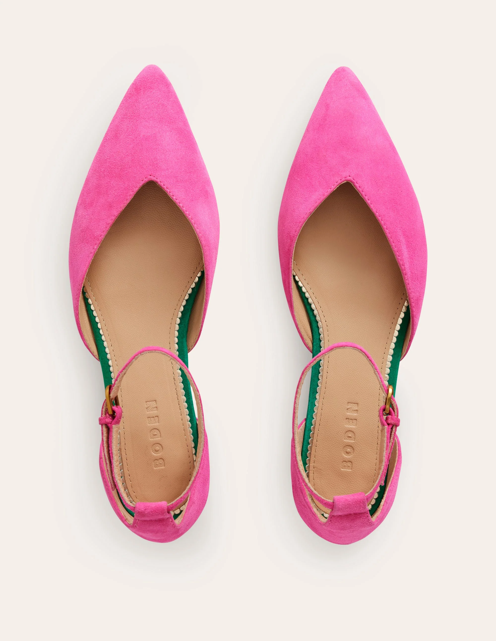 Flache Ballerina-Pumps mit Knöchelriemen-Festivalrosa Wildleder - Image 5
