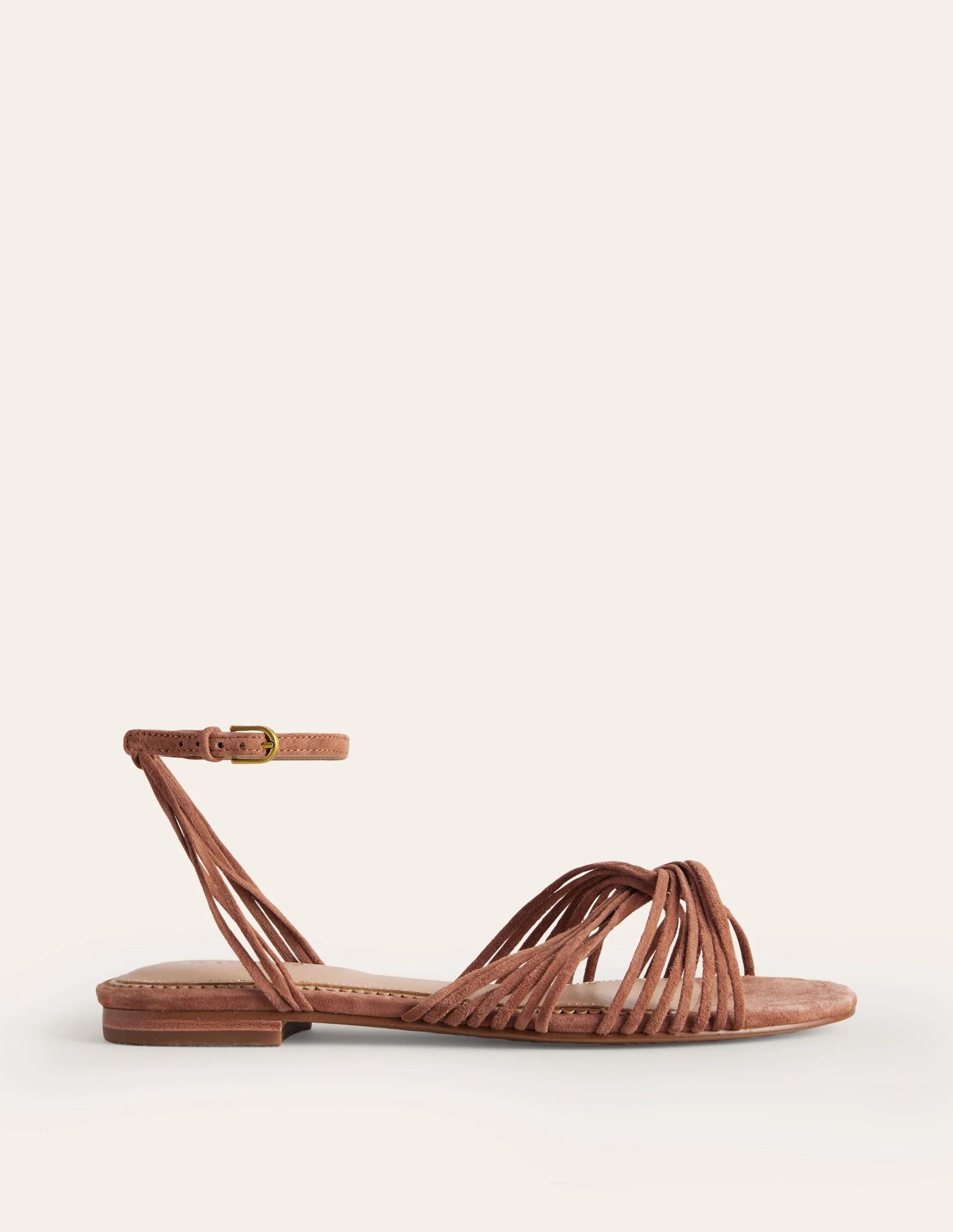 Flache Sandalen mit Twistdetail-Hellbraunes Veloursleder - Image 2