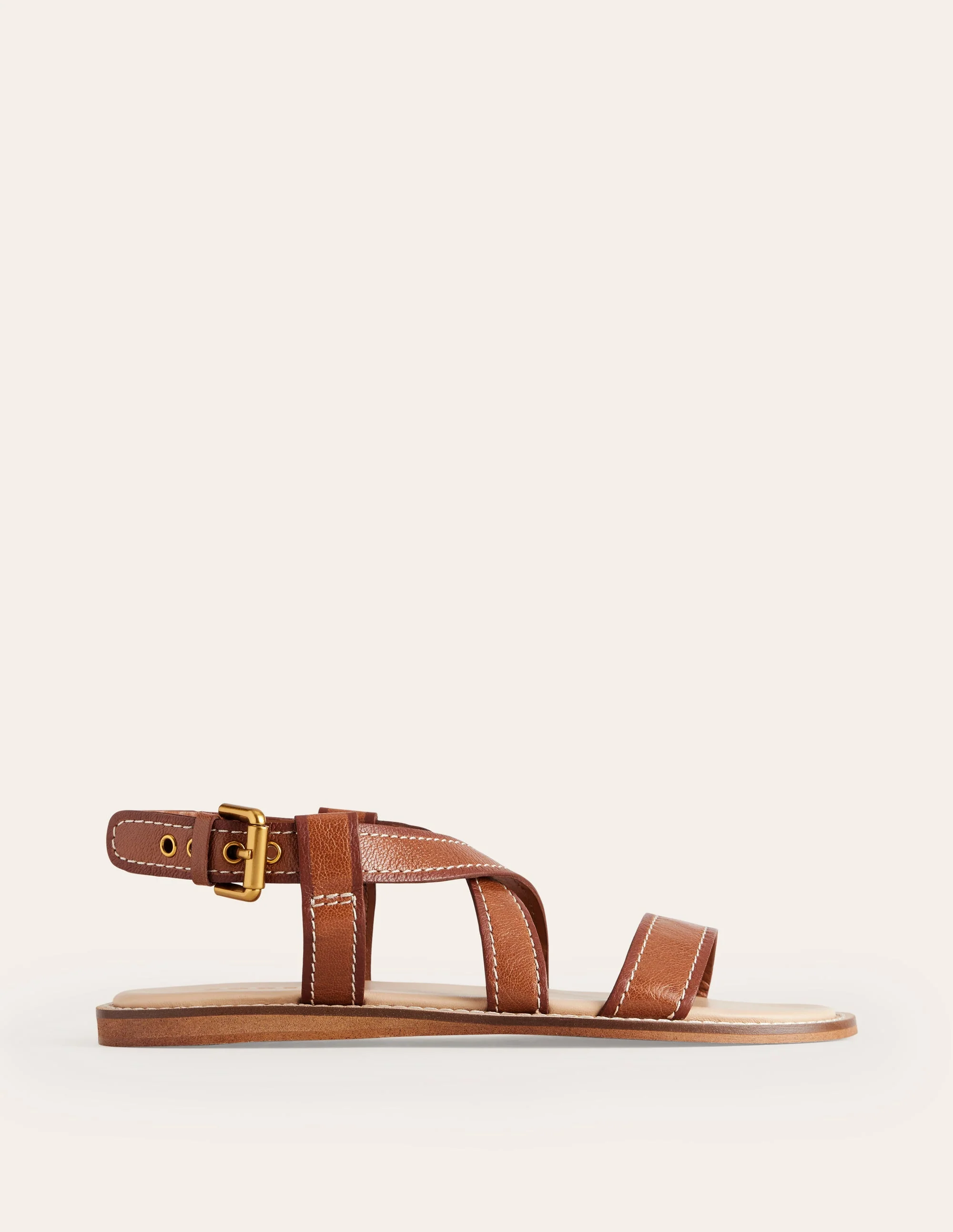 Flache Sandalen mit überkreuztem Riemen-Hellbraunes Lux-Leder - Image 3