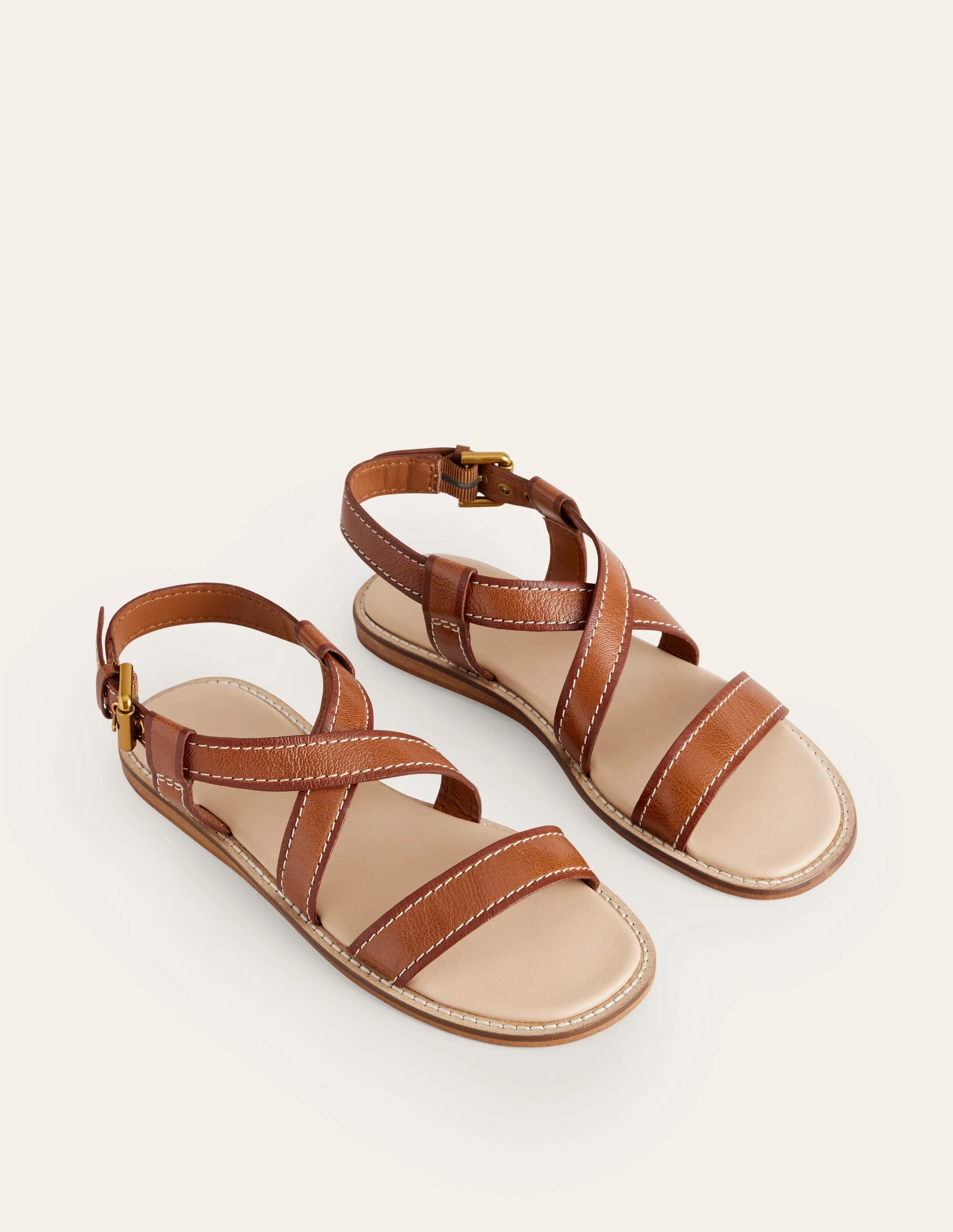 Flache Sandalen mit überkreuztem Riemen-Hellbraunes Lux-Leder - Image 4