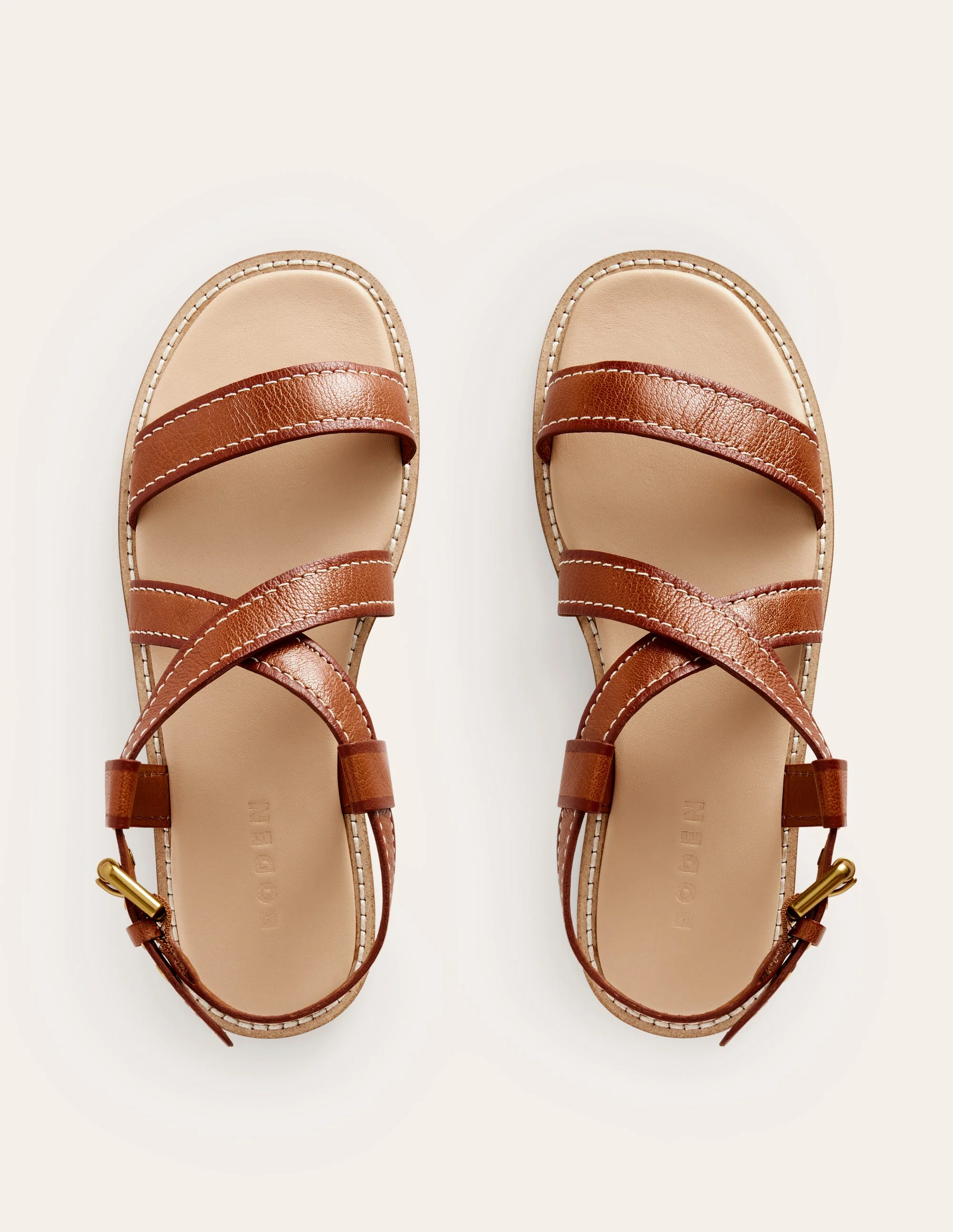 Flache Sandalen mit überkreuztem Riemen-Hellbraunes Lux-Leder - Image 6