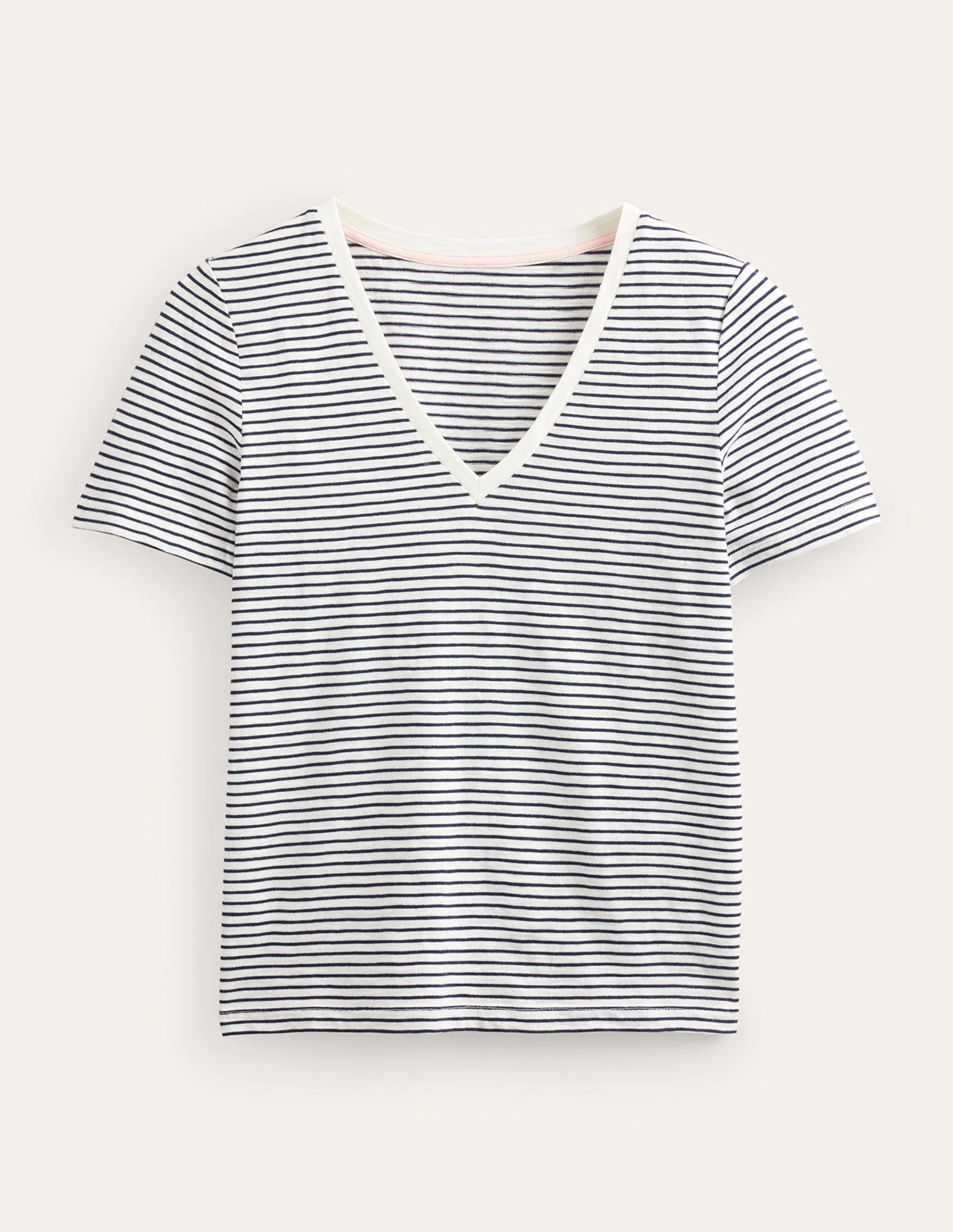 Flammgarn-T-Shirt mit V-Ausschnitt und normaler Passform-Naturweiß/Marineblau - Image 5