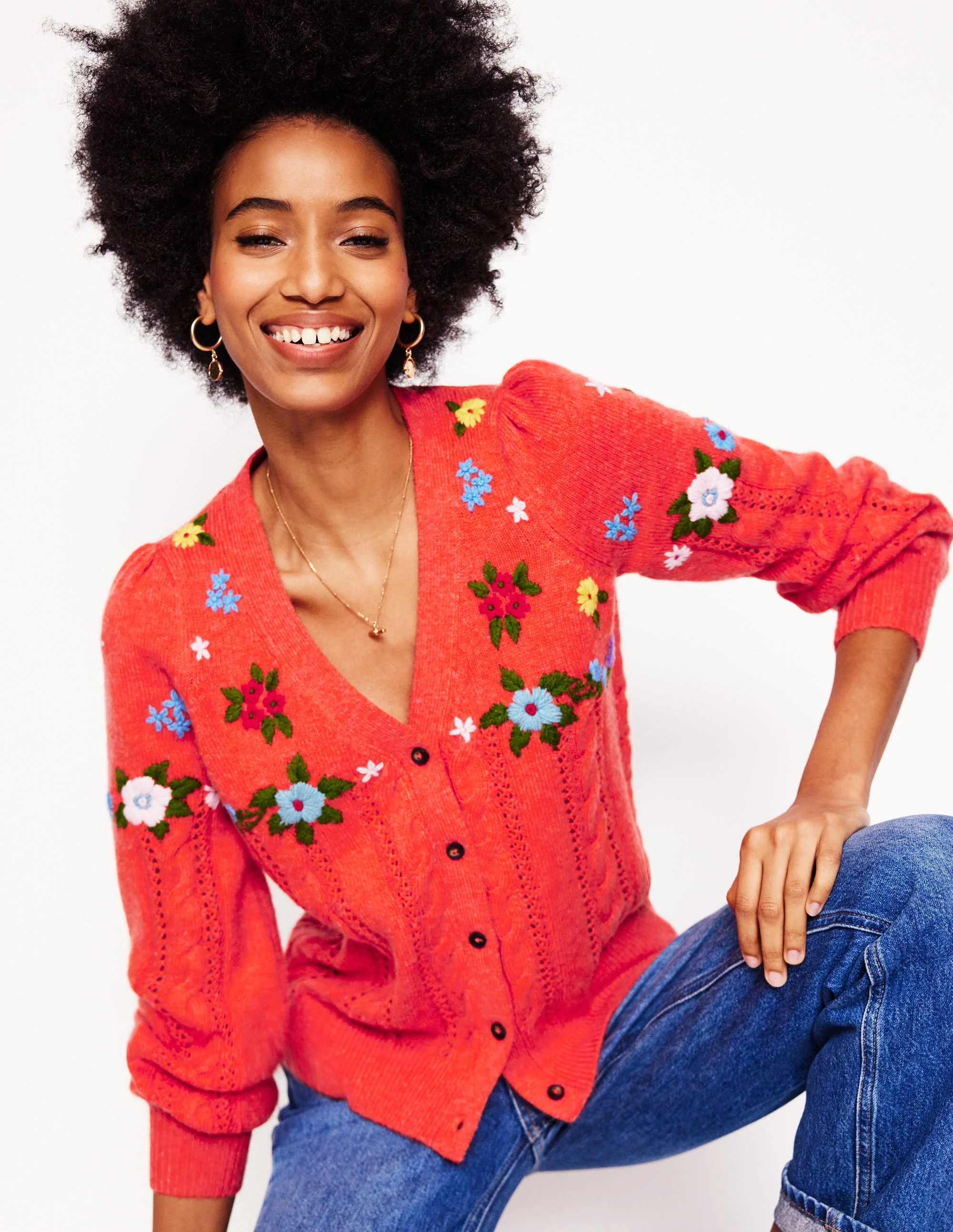 Flauschige Strickjacke mit Stickerei-Knallrot