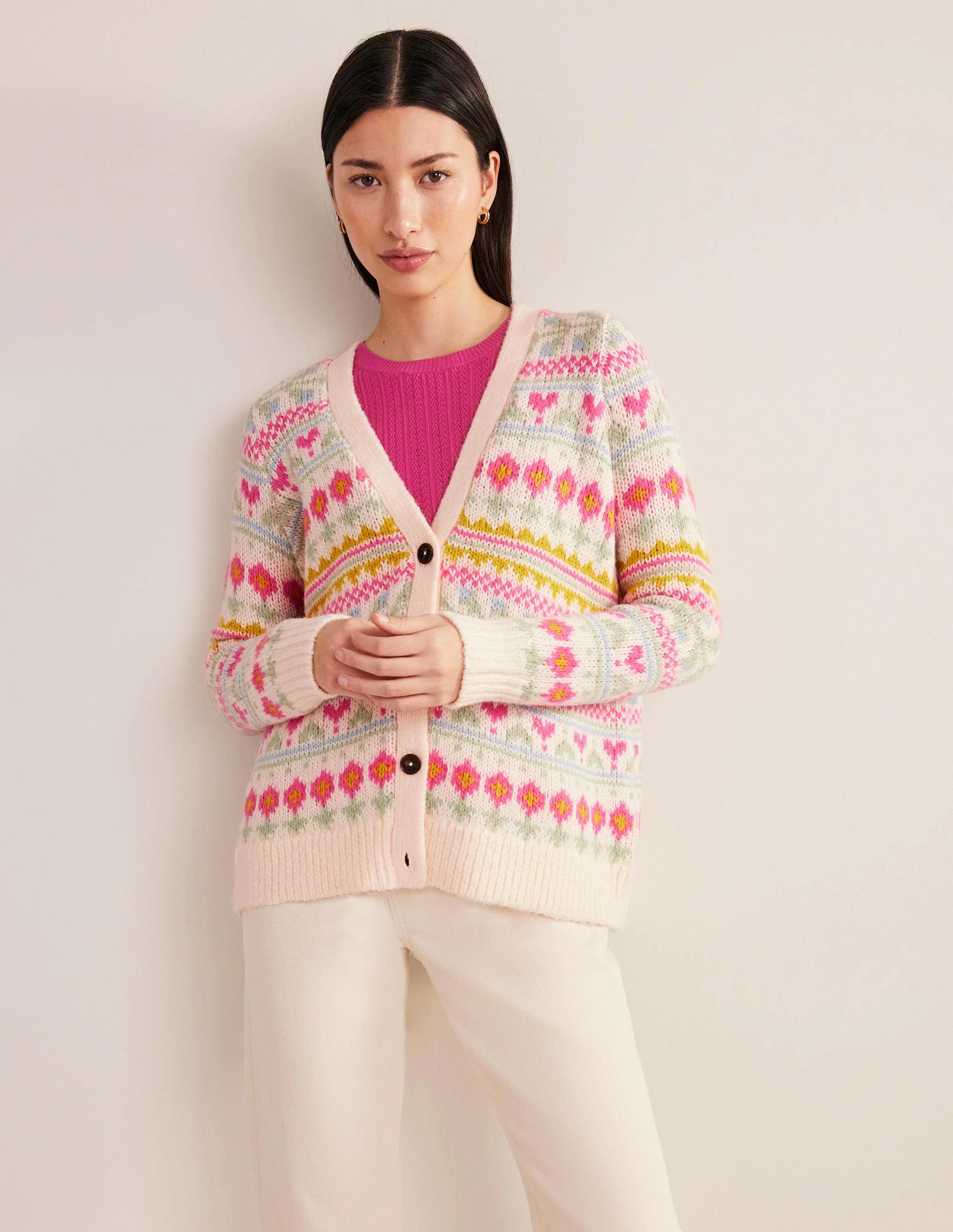 Flauschiger Fair-Isle-Cardigan-Naturweiß/Bunt, Fair-Isle-Muster
