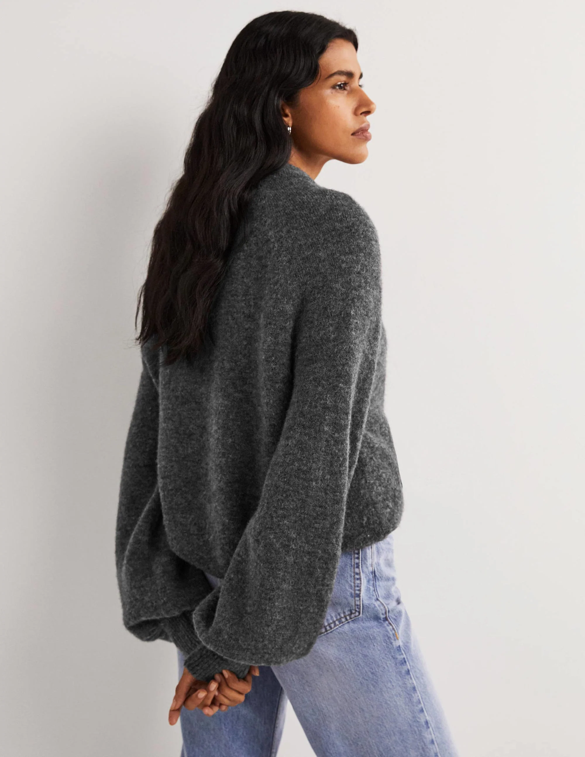 Flauschiger Pullover mit Blousonärmeln-Anthrazit Melange - Image 3