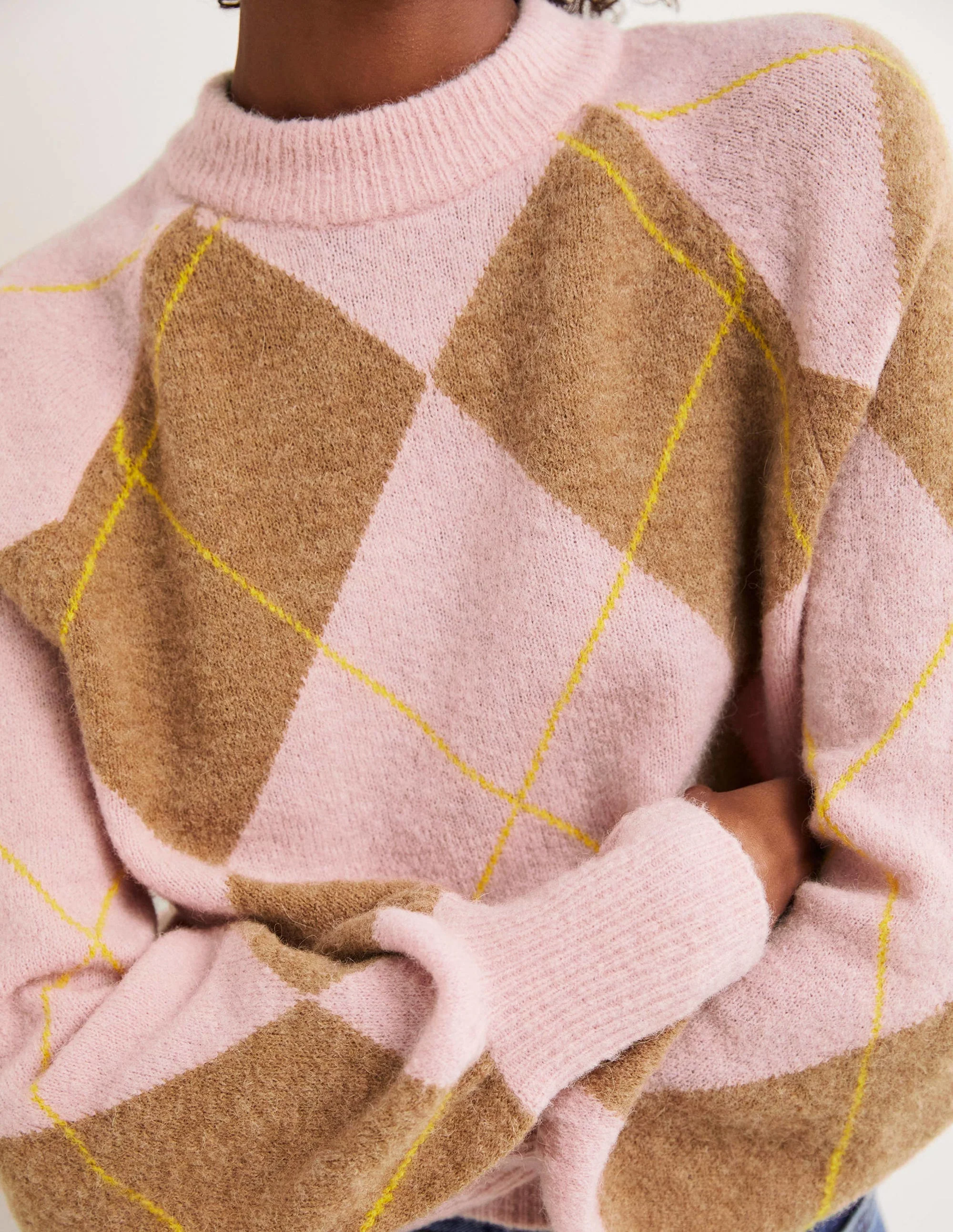 Flauschiger Pullover mit Blousonärmeln-Kamelhaarbraun/Delfinrosa, Argyle-Muster - Image 2