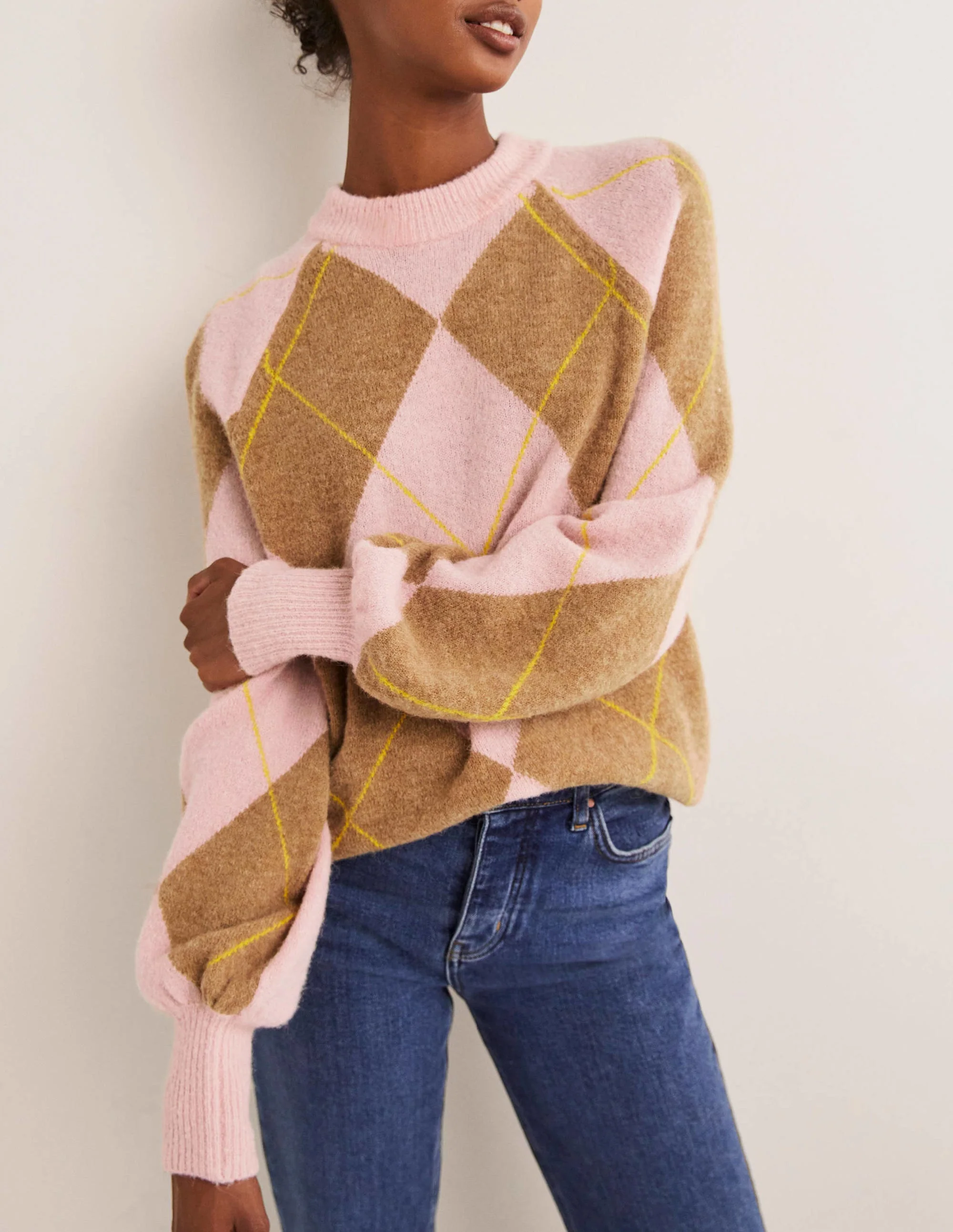 Flauschiger Pullover mit Blousonärmeln-Kamelhaarbraun/Delfinrosa, Argyle-Muster - Image 4