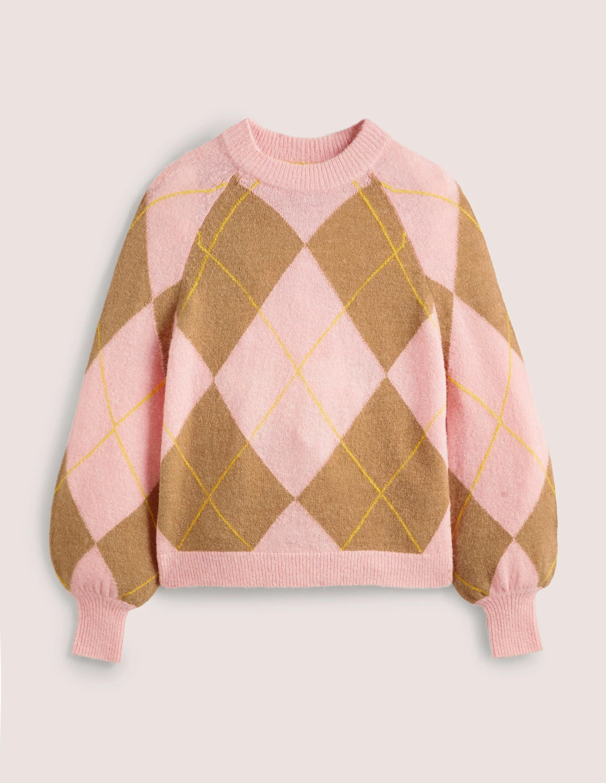 Flauschiger Pullover mit Blousonärmeln-Kamelhaarbraun/Delfinrosa, Argyle-Muster - Image 6