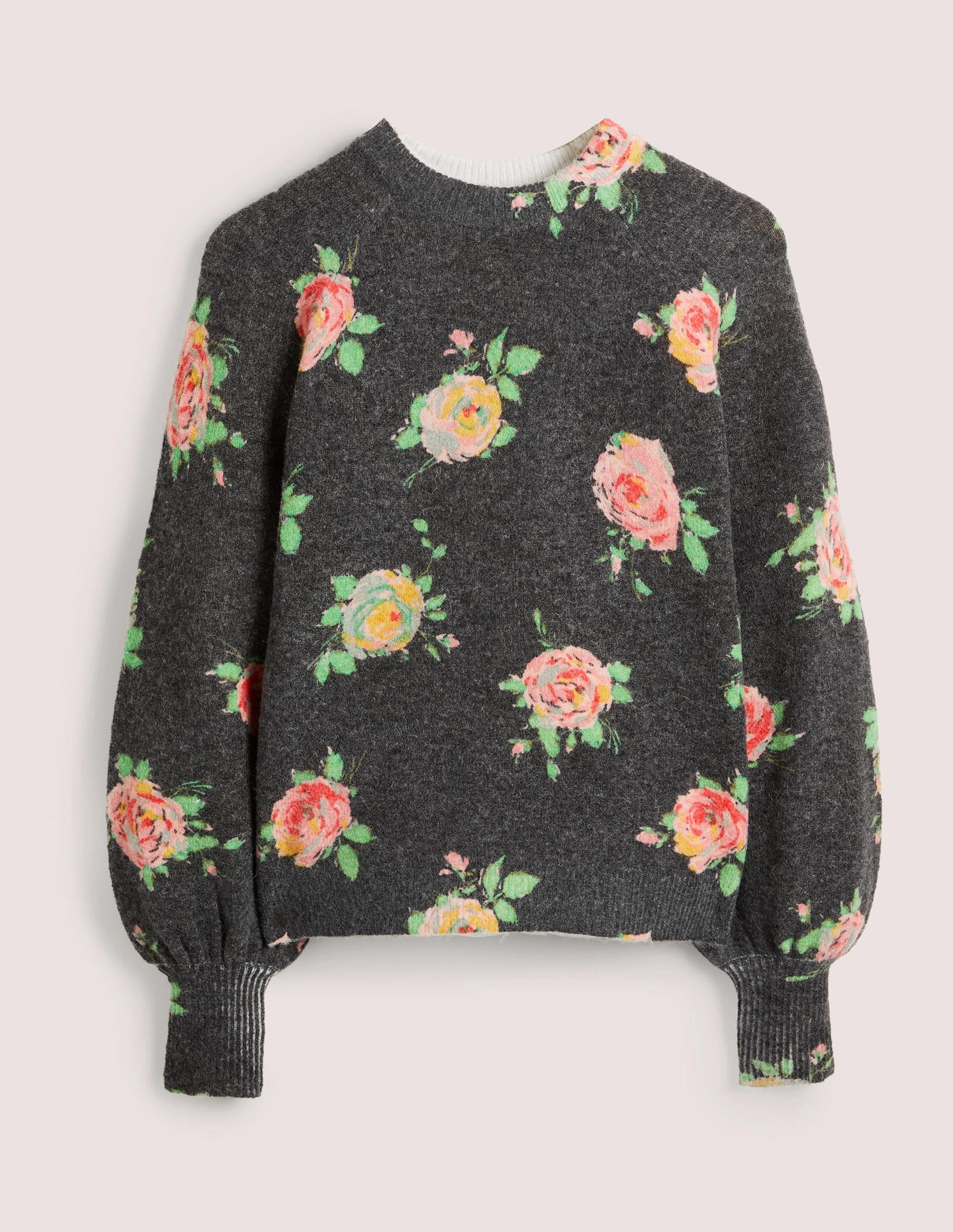 Flauschiger Pullover mit Blousonärmeln-Schwarz, Gemalte Rosen - Image 7