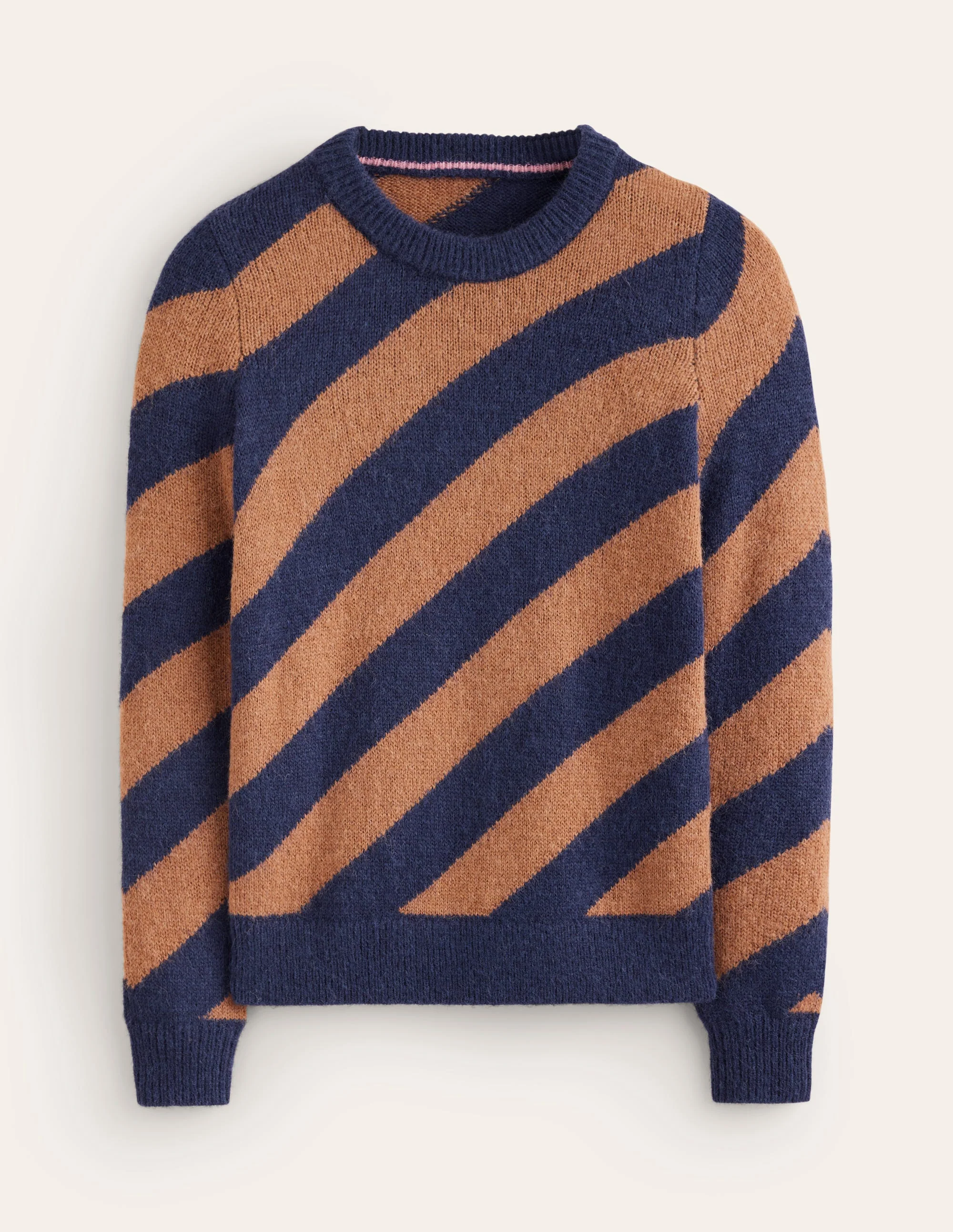 Flauschiger Pullover mit diagonalen Streifen-Camel/ Marineblau - Image 5