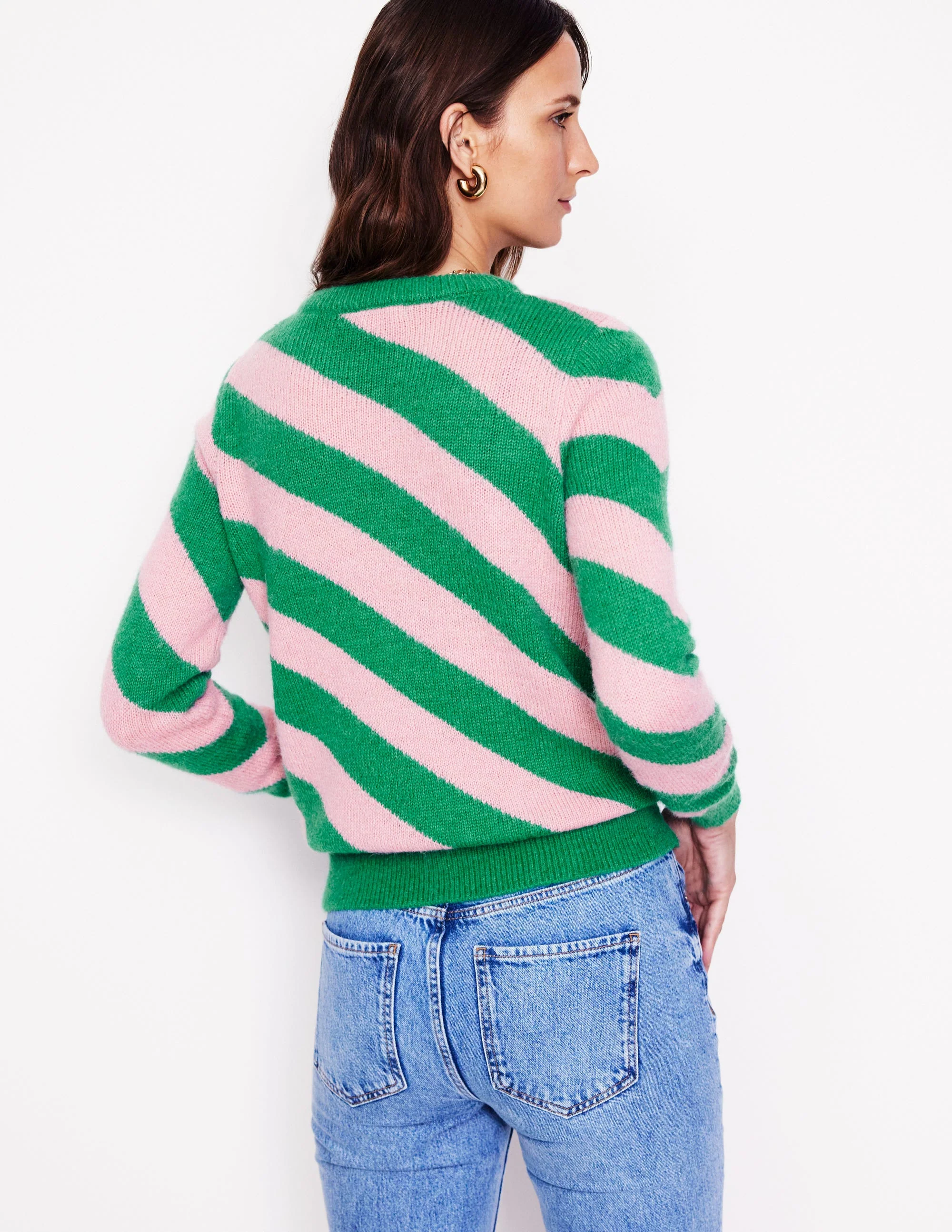 Flauschiger Pullover mit diagonalen Streifen-Festliches Rosa, Smaragdgrün - Image 3