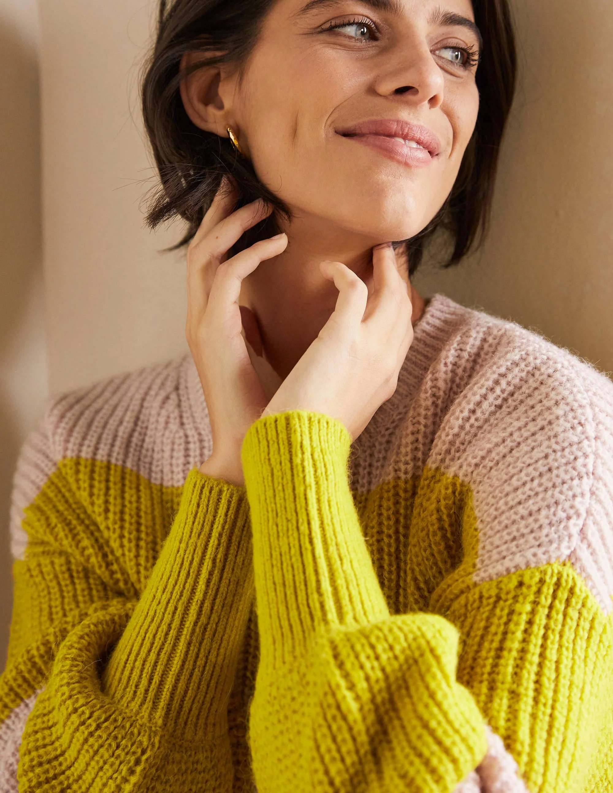 Flauschiger Pullover mit gerafften Blousonärmeln-Rosa/Gelb, Bunt Gestreift - Image 2