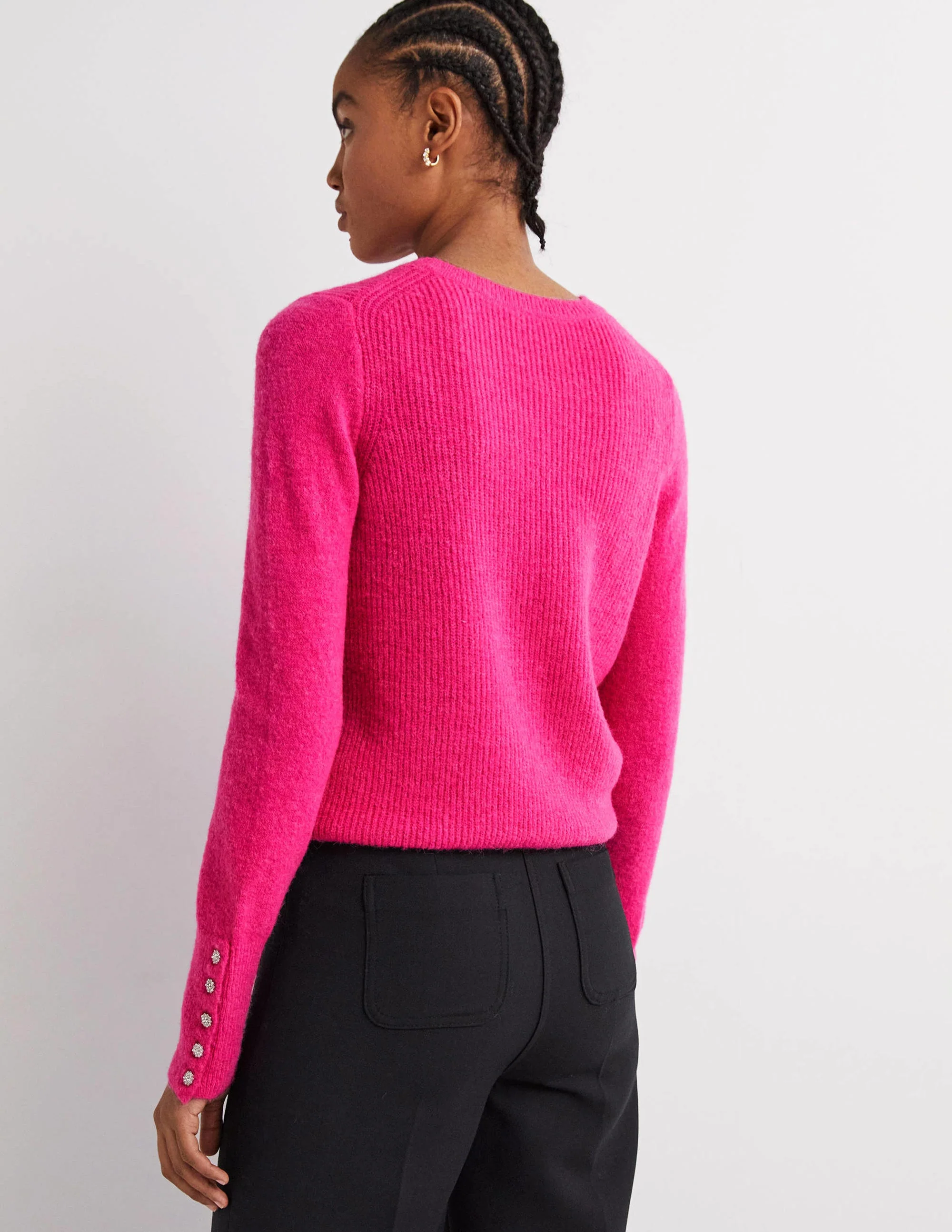 Flauschiger Pullover mit Schmucksteinknöpfen-Wassermelonenrosa - Image 3