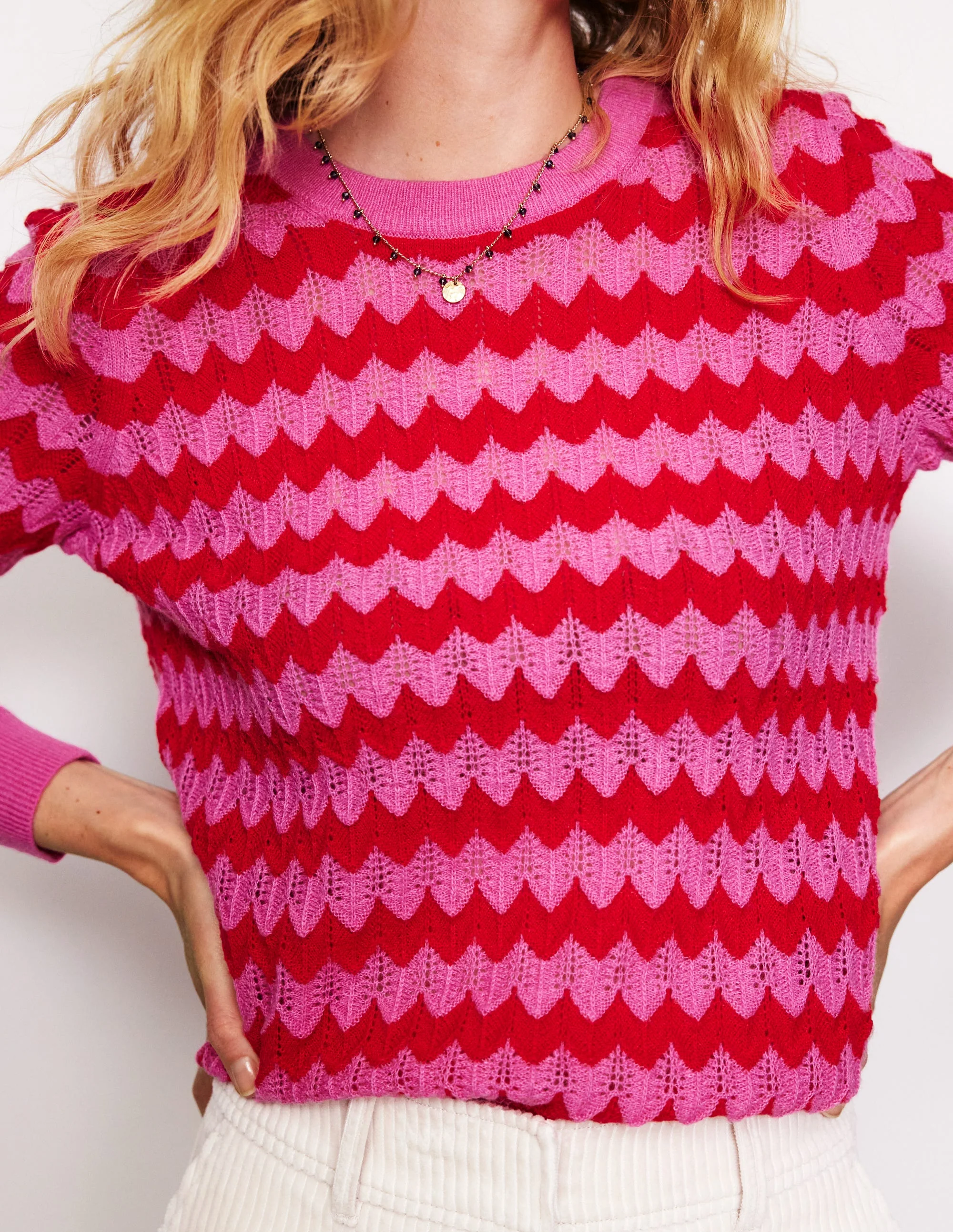 Flauschiger Pullover mit Struktur und Ziernaht-Rosa/Rot - Image 2